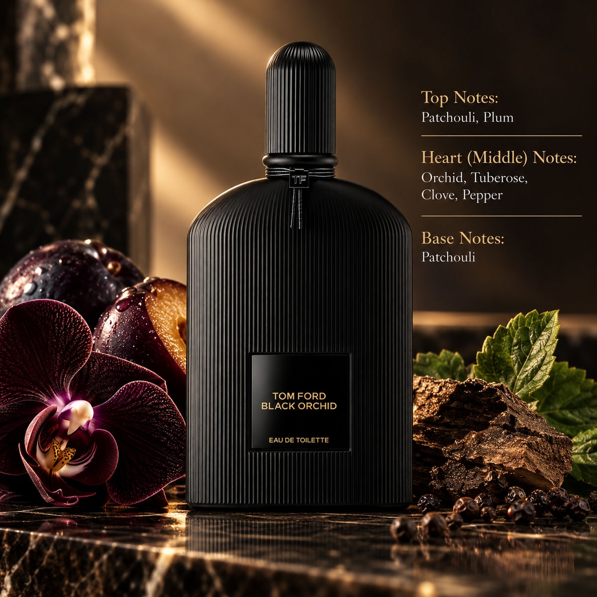 Tom Ford Black Orchid 100ml Eau de Toilette presented in a dark, luxurious composition reflecting its rich floral and earthy character, surrounded by black orchid, ripe plum and patchouli-inspired botanical elements, with warm golden lighting and an elegant black setting.