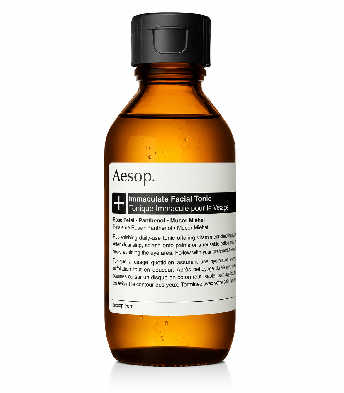 Aesop Immaculate Facial Tonic in a signature amber plastic bottle with a black flip-top cap and Aesop's minimalist white label, isolated on a white background. This lightweight facial toner is formulated to hydrate, refresh, and balance the skin after cleansing, leaving the complexion feeling soothed and revitalized while reflecting Aesop's iconic apothecary-inspired design.