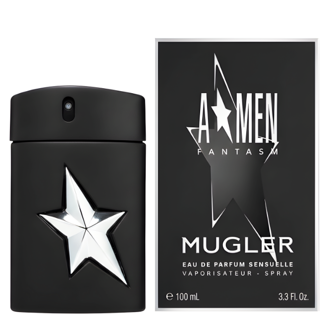 MUGLER A*Men Fantasm 100ml Eau De Parfum Sensuelle in a matte black rubberized flask with a high-shine silver star, standing next to its sleek black-and-silver matching gift box.