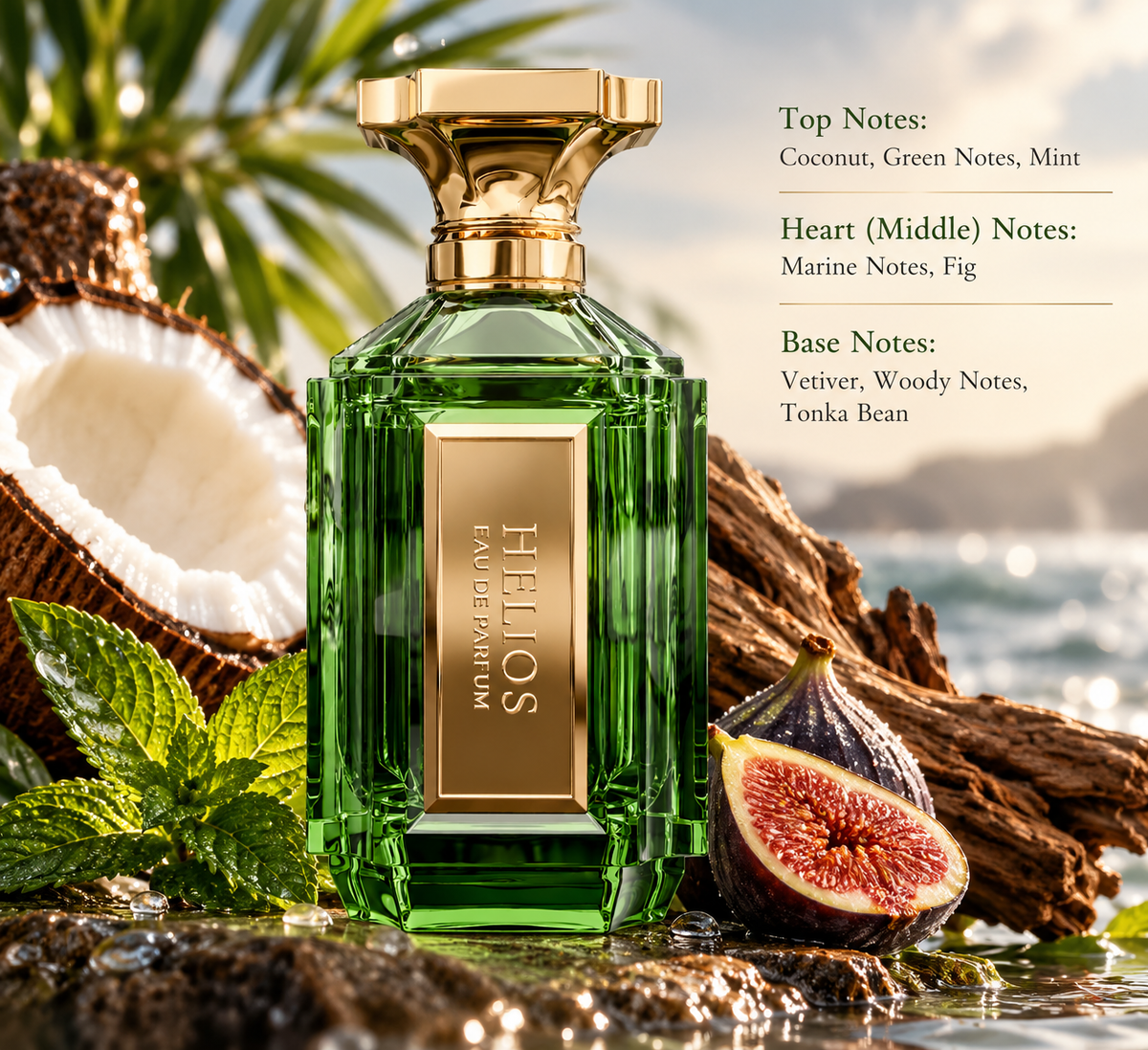Helios Eau de Parfum presented in a fresh coastal composition with coconut, mint, fig and natural woods, reflecting its green, marine, creamy and woody fragrance profile with vetiver and tonka bean.