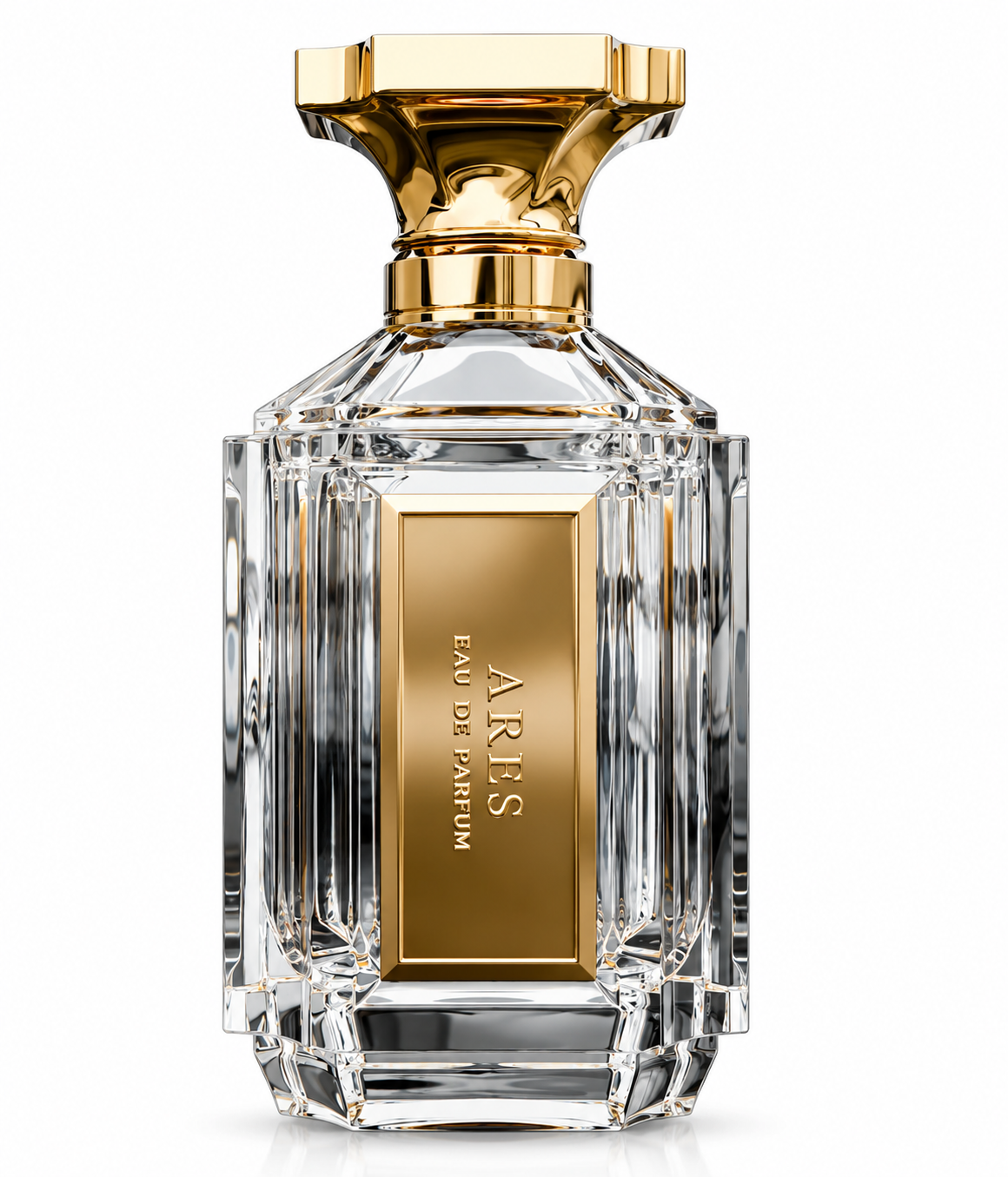 Ares Eau de Parfum in a clear faceted glass bottle with a luxurious sculptural gold cap and elegant vertical gold Ares plaque, photographed on a clean white background.