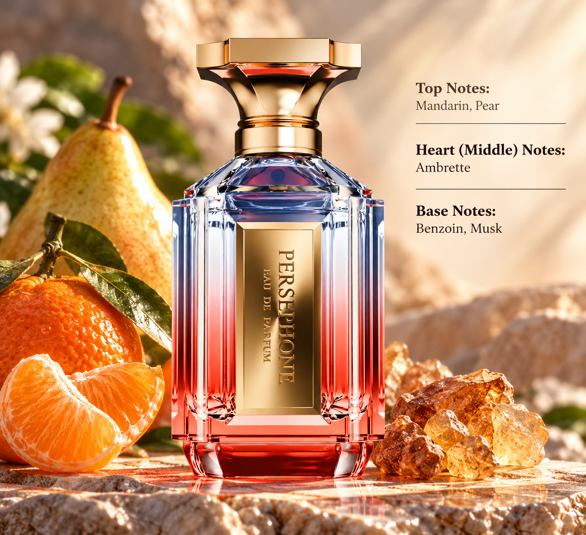 Persephone Eau de Parfum presented in an elegant warm setting with juicy mandarin and pear, soft ambrette, and a smooth benzoin and musk base, surrounded by fresh fruit and golden resin accents.