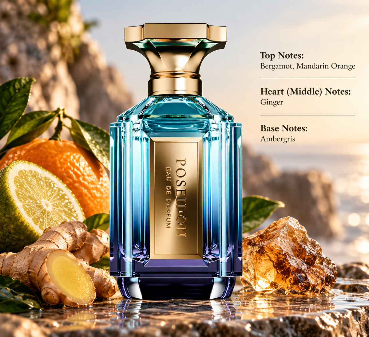 Poseidon Eau de Parfum presented in a fresh coastal setting with bright bergamot and mandarin orange, spicy ginger and a warm ambergris base, surrounded by citrus, ginger and golden marine-inspired accents.