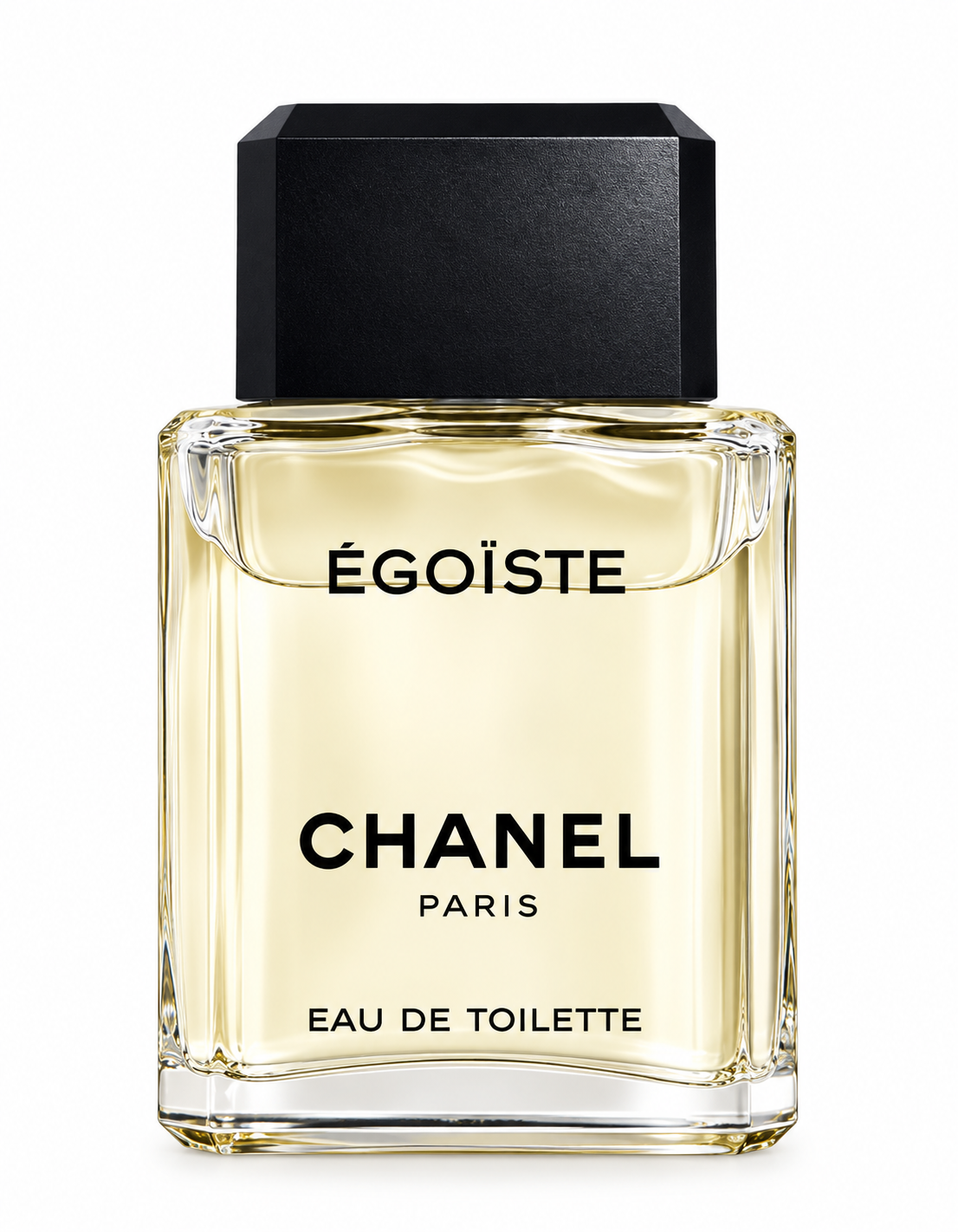 Chanel Égoïste 100ml Eau de Toilette for Men presented in its iconic clear rectangular glass bottle with pale golden fragrance, a bold black geometric cap and minimalist black Chanel lettering, photographed against a pure white background.