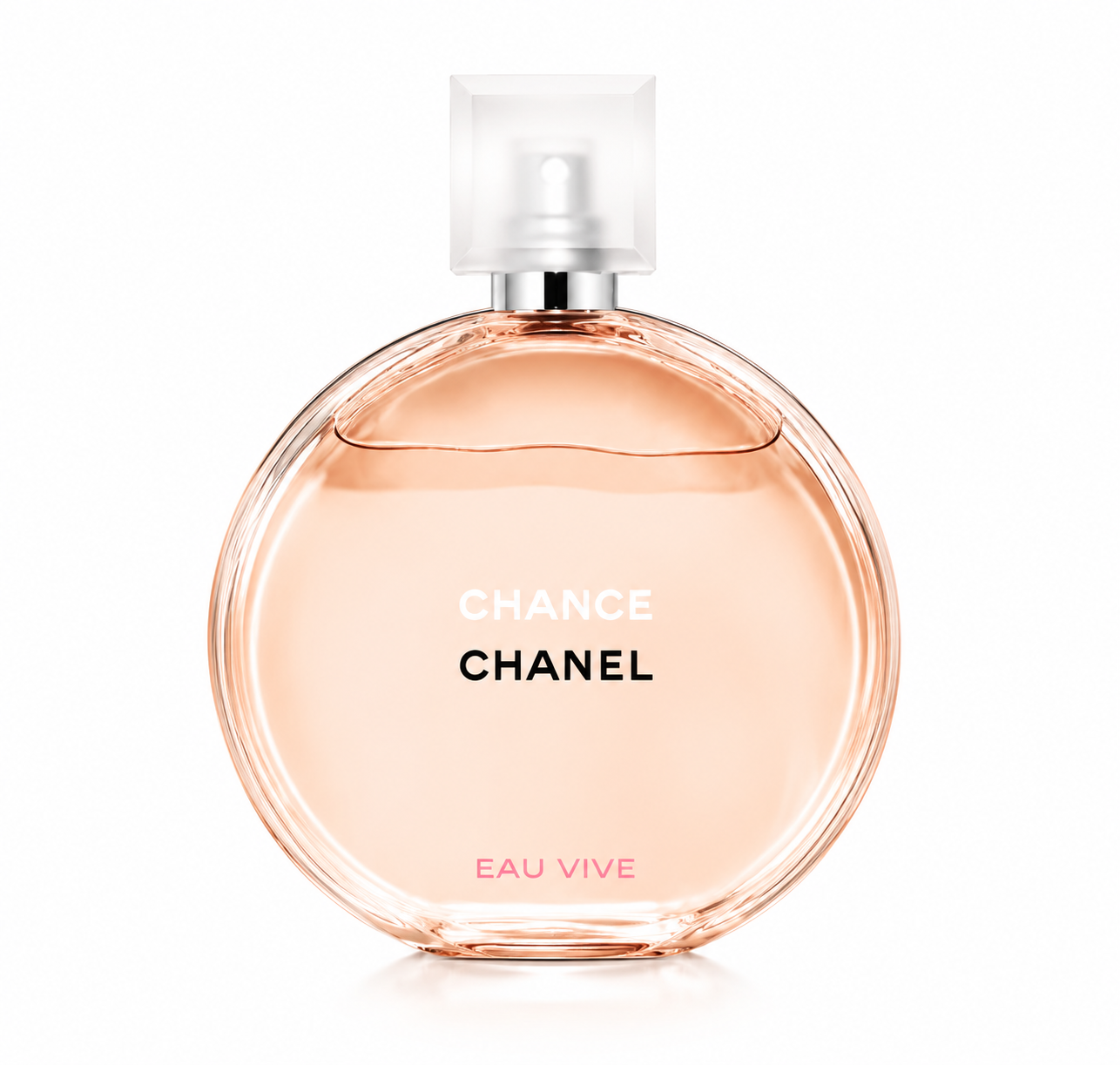 Chanel Chance Eau Vive perfume bottle, featuring a round, transparent glass body filled with a pale peach-colored liquid, a silver collar, and a frosted clear cap. 