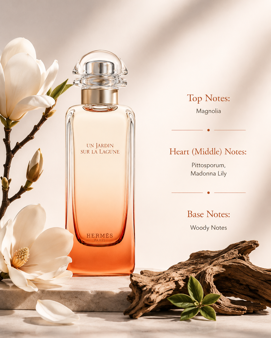 Hermès Un Jardin Sur La Lagune Eau de Toilette displayed with its fragrance notes, surrounded by magnolia blossoms, pittosporum flowers, Madonna lily, and weathered driftwood, highlighting its delicate floral woody fragrance profile.