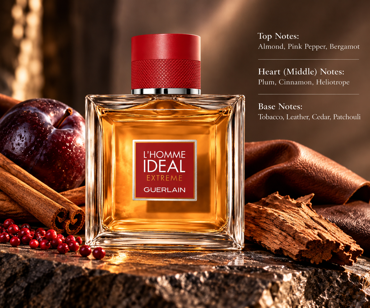 Guerlain L’Homme Idéal Extrême men's perfume in an amber glass bottle with a red cap, surrounded by plums, cinnamon, pink pepper, leather and cedarwood. A warm, luxurious composition showcasing its spicy, fruity, woody and leathery fragrance notes.