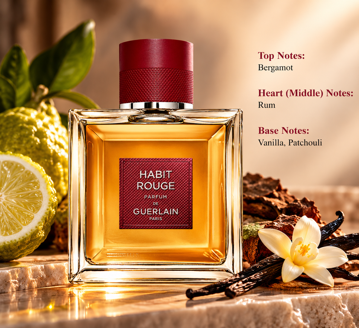 Guerlain Habit Rouge Parfum for men in an elegant amber glass bottle with a textured red cap, surrounded by fresh bergamot, vanilla flowers, vanilla pods and warm woody accents. A luxurious masculine fragrance with rum, vanilla and patchouli notes, presented in a refined, golden setting.