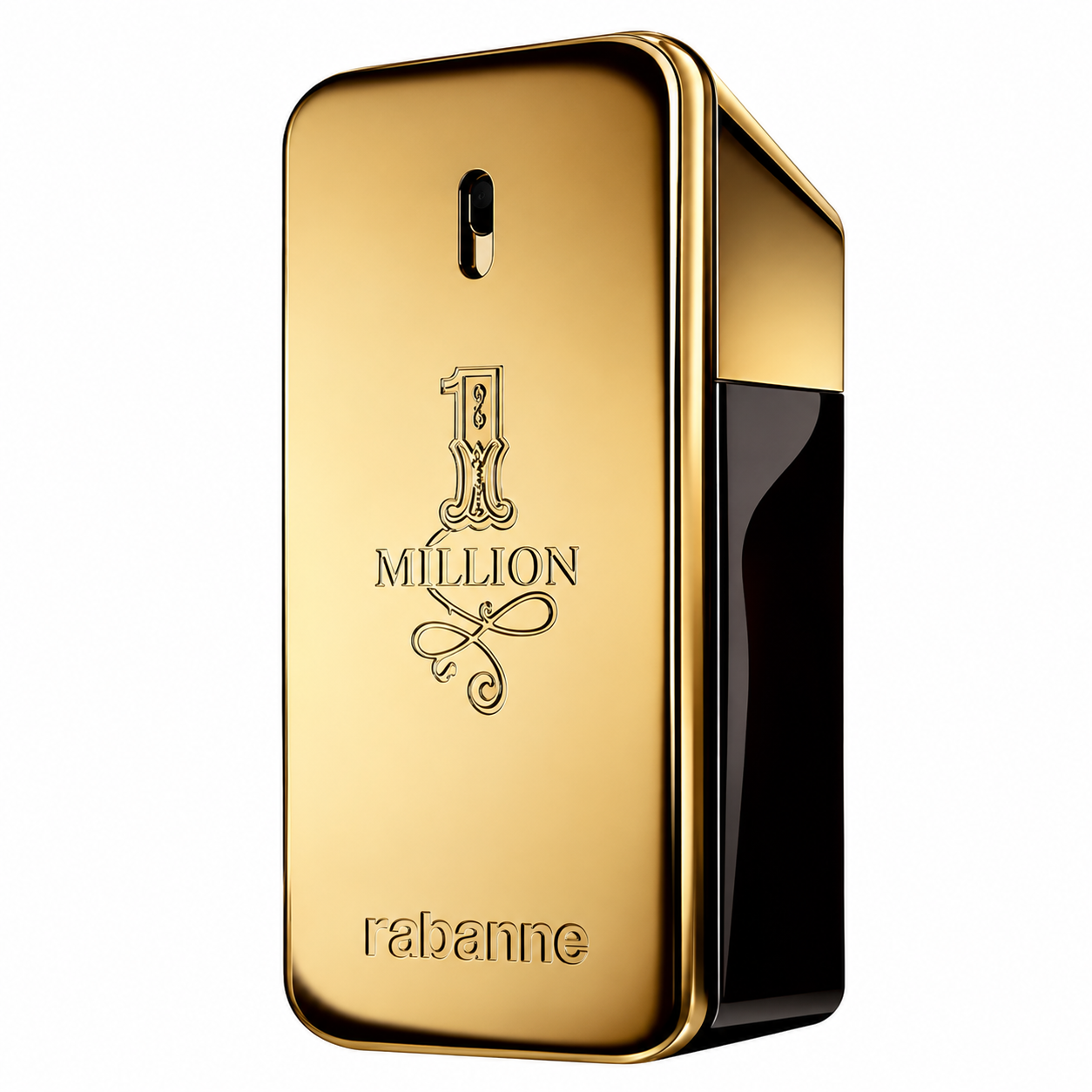 Rabanne 1 Million Eau de Toilette bottle isolated on a white background, featuring the iconic gold bar-shaped bottle with a polished metallic gold front, black sides, engraved 1 Million logo, and luxurious, masculine design.
