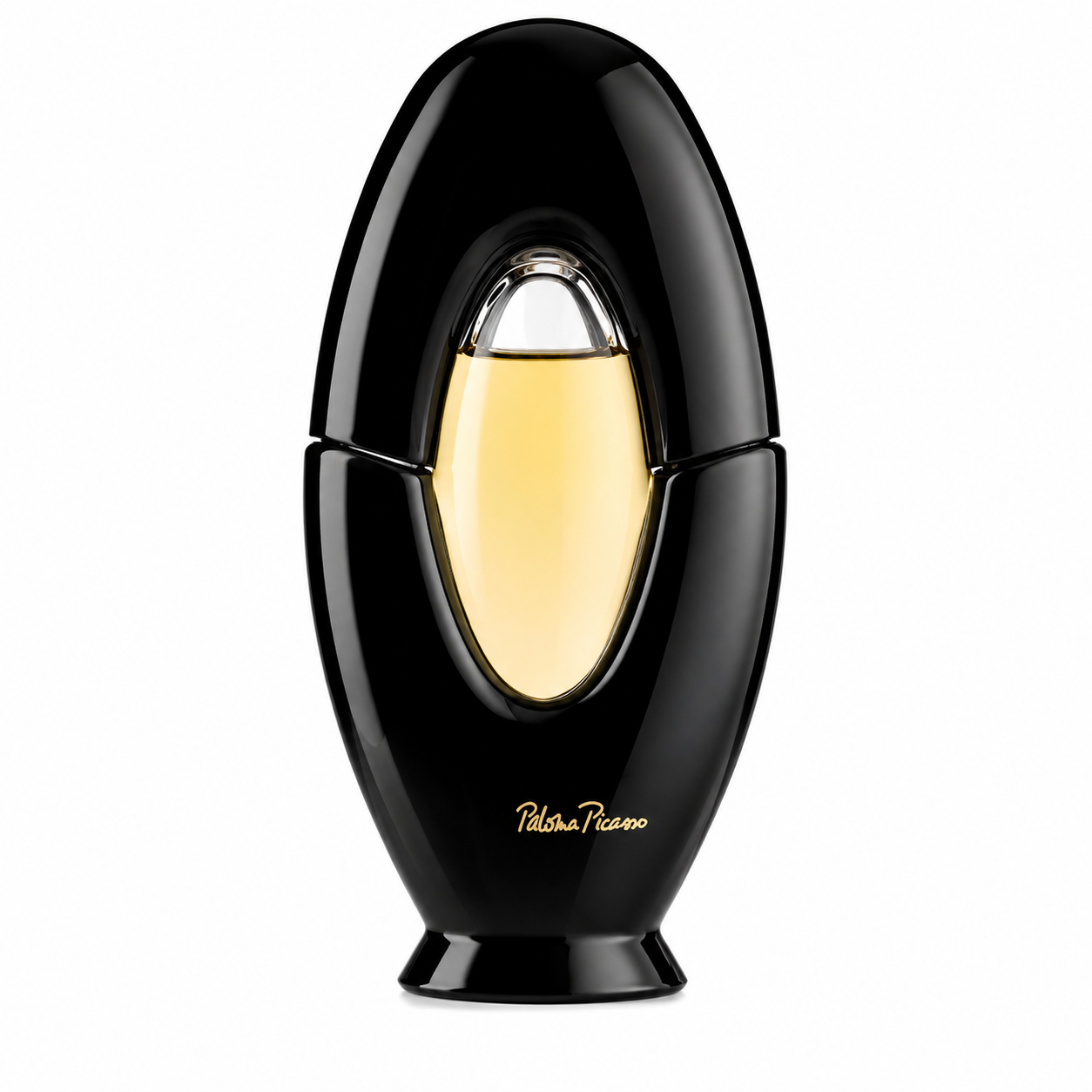 Paloma Picasso Mon Parfum bottle isolated on a white background, featuring the iconic glossy black oval-shaped bottle with a central golden glass window showcasing the amber-colored fragrance, embodying a timeless and elegant design.