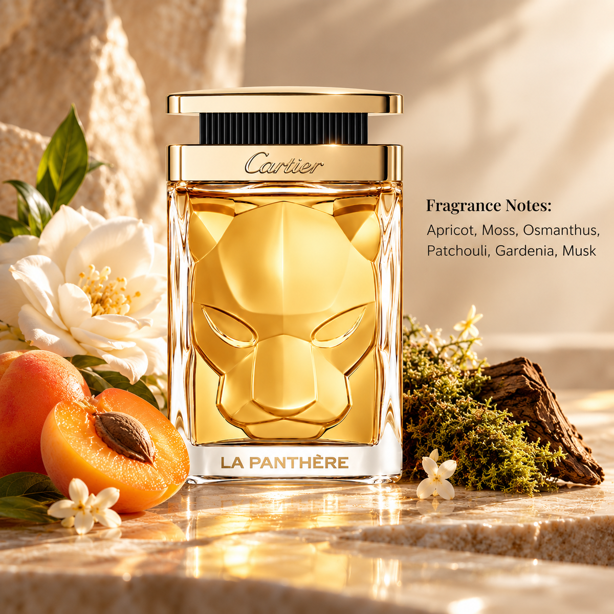 Cartier La Panthère perfume displayed in a warm elegant setting with apricot, white flowers, moss and woody elements representing its fruity, floral and chypre fragrance profile.