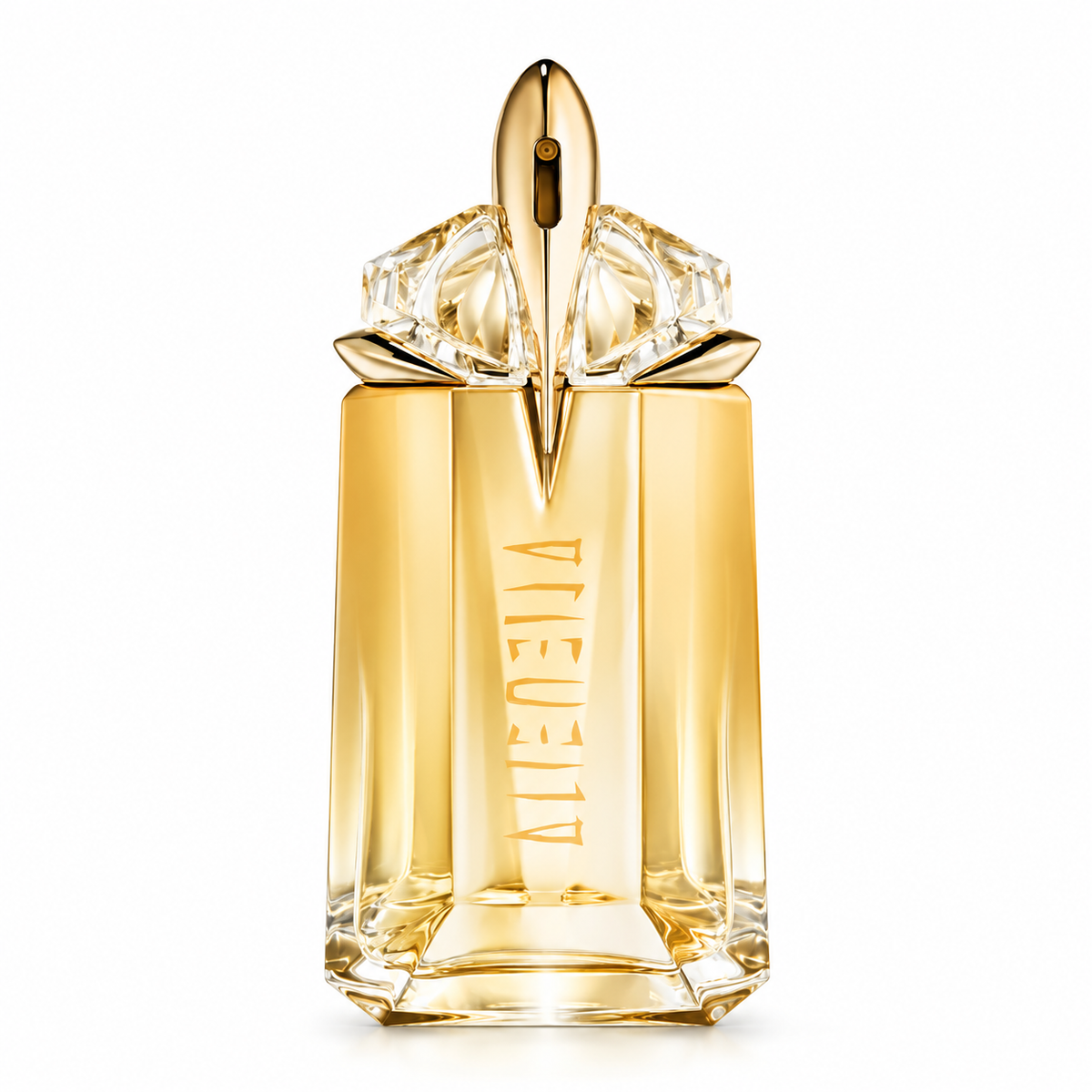 Mugler Alien Goddess Eau de Parfum for women in an elegant golden amber glass bottle, featuring a sculptural design, transparent crystal-like details and a distinctive gold spray nozzle, photographed against a clean white background.