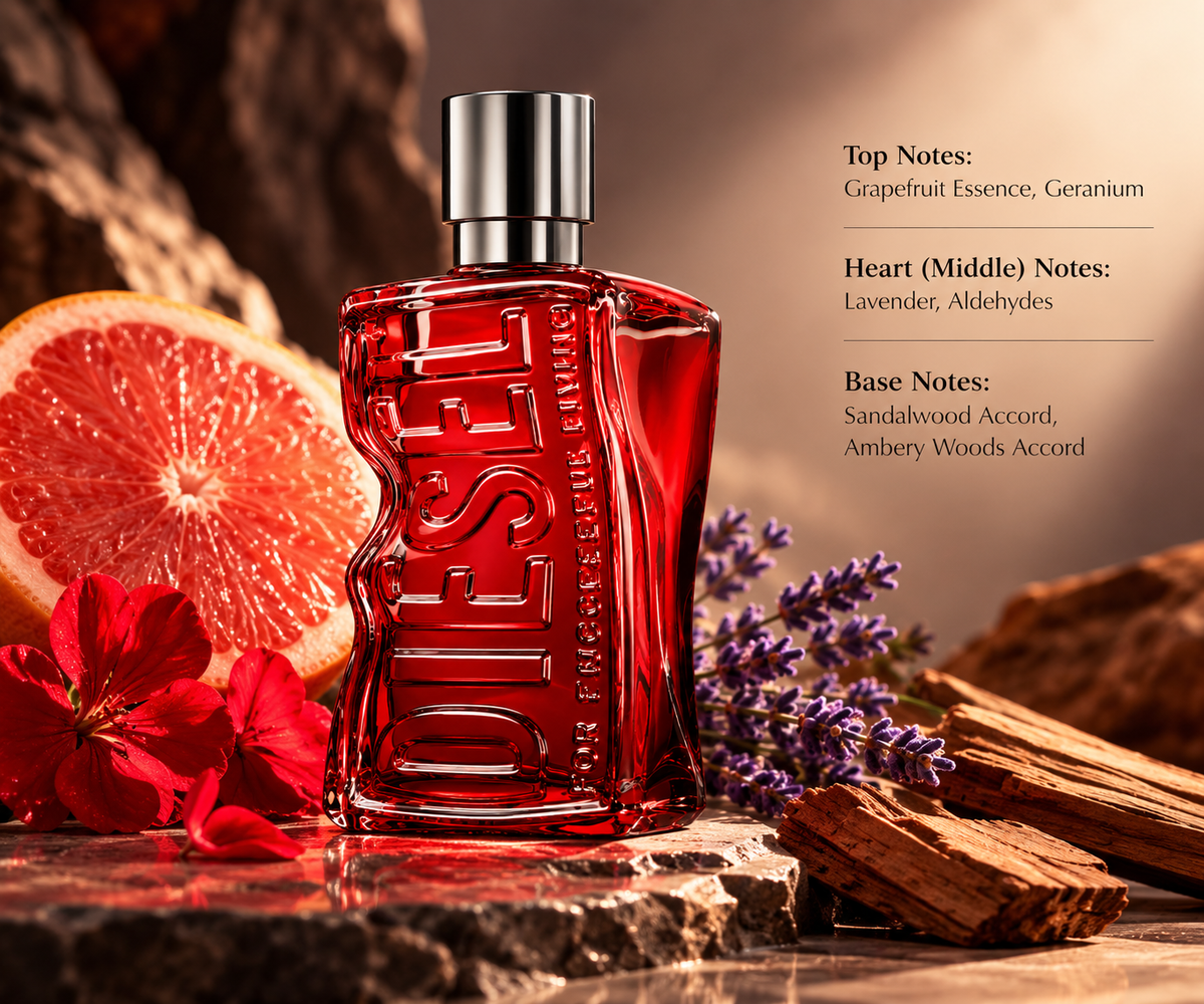 Diesel D by Diesel perfume presented with grapefruit, geranium, lavender and warm sandalwood elements, highlighting its fresh aromatic and ambery woody fragrance profile.