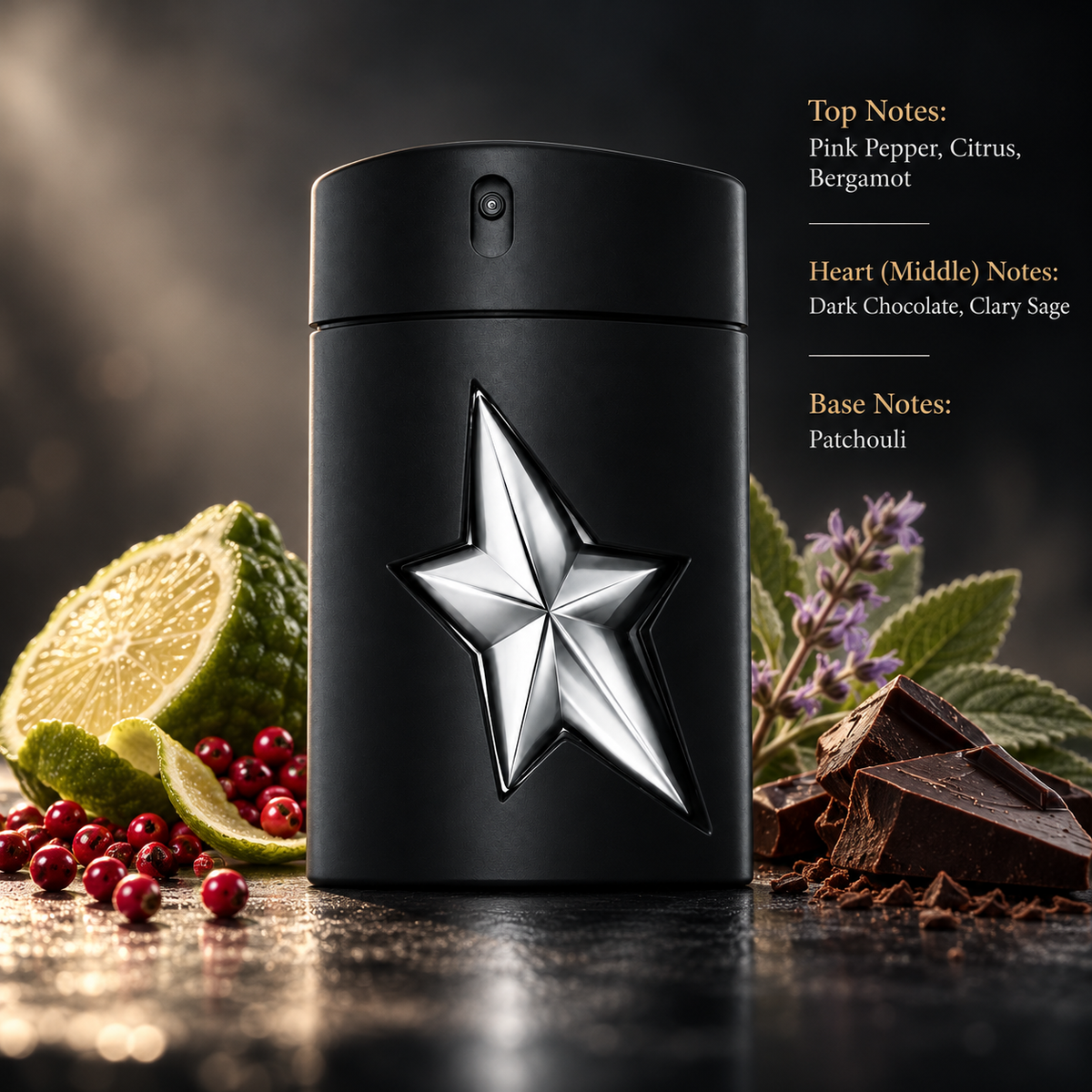 Mugler A*Men Fantasm Eau de Parfum for men in its iconic matte black bottle with a silver star, surrounded by fresh bergamot, pink peppercorns, aromatic clary sage and dark chocolate. A bold amber gourmand fragrance with citrus, rich chocolate and patchouli, presented in a sophisticated, dark setting.