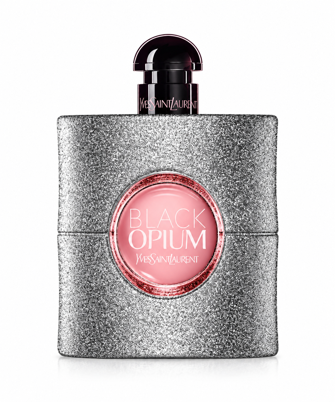 Yves Saint Laurent Black Opium Eau de Parfum Glitter 90ml for Women presented in its striking silver glitter-textured bottle with a luminous pink centre, signature Black Opium and Yves Saint Laurent branding, and a glossy dark cap, photographed against a clean pure white background.