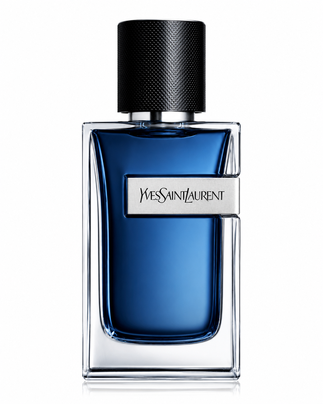 Yves Saint Laurent Y Eau de Parfum bottle isolated on a white background, featuring a sleek transparent rectangular glass bottle filled with deep blue fragrance, accented by a silver YSL logo plaque and topped with a textured black cap, reflecting the fragrance's fresh, modern, and masculine character.