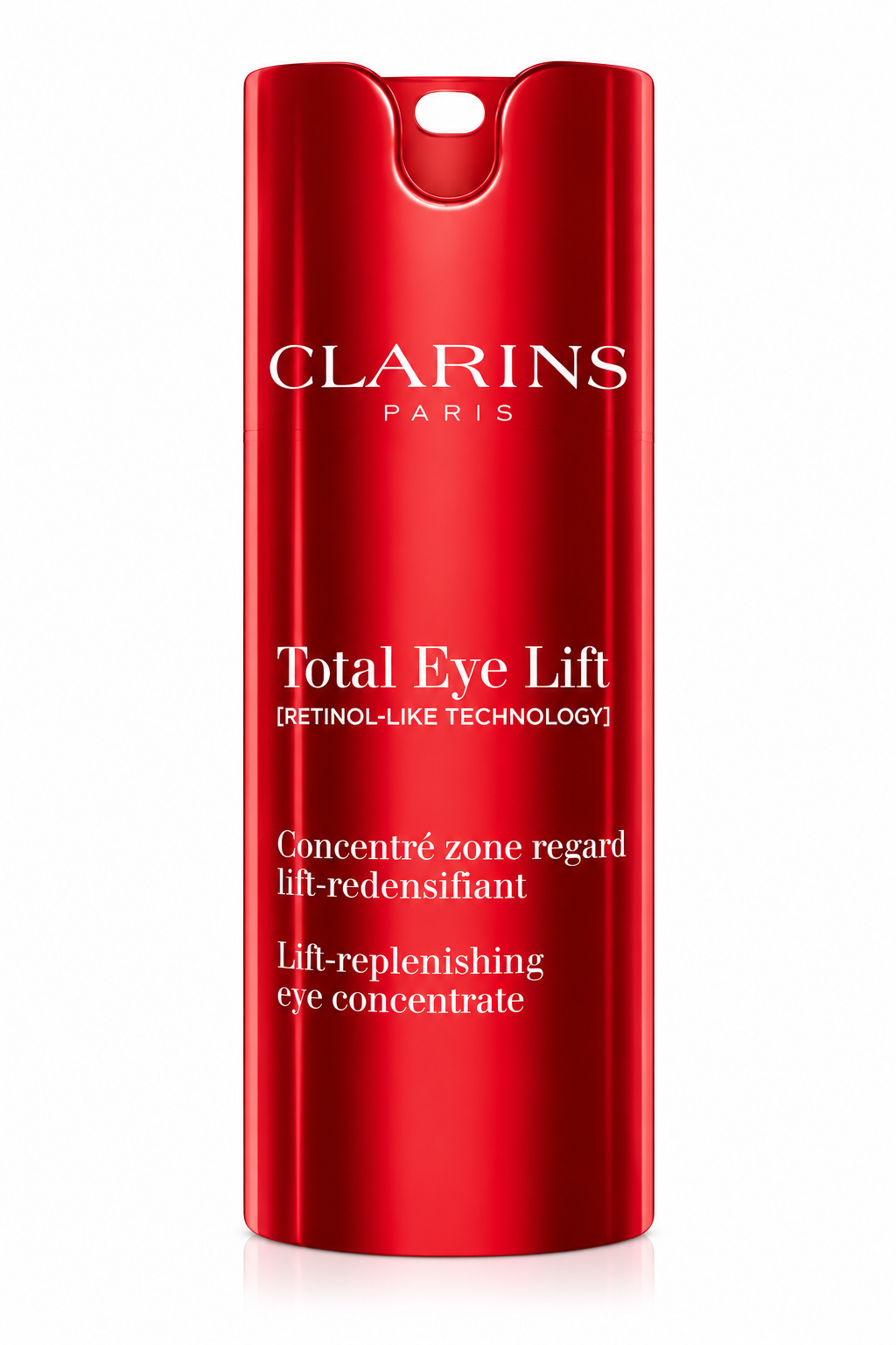 Clarins Total Eye Lift with Retinol-Like Technology in a sleek, glossy red bottle with white lettering, displayed against a clean white background. Premium anti-aging eye concentrate designed to visibly lift, firm and smooth the delicate eye contour.