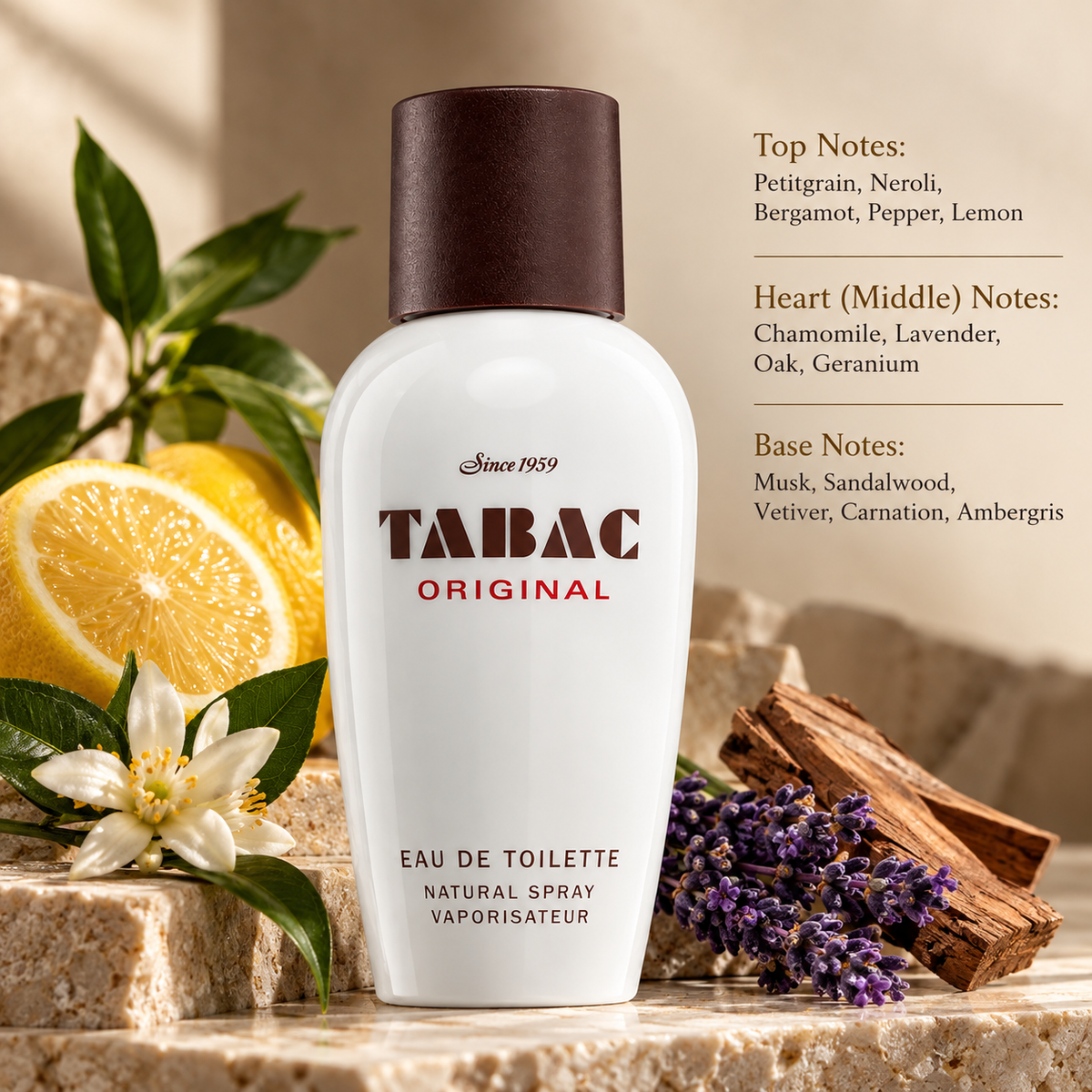Tabac Original 100ml Eau de Toilette presented in a warm, refined composition inspired by its aromatic citrus and woody character, surrounded by fresh lemon, neroli blossom, green petitgrain leaves, lavender and sandalwood elements, with soft natural lighting and an elegant masculine setting.
