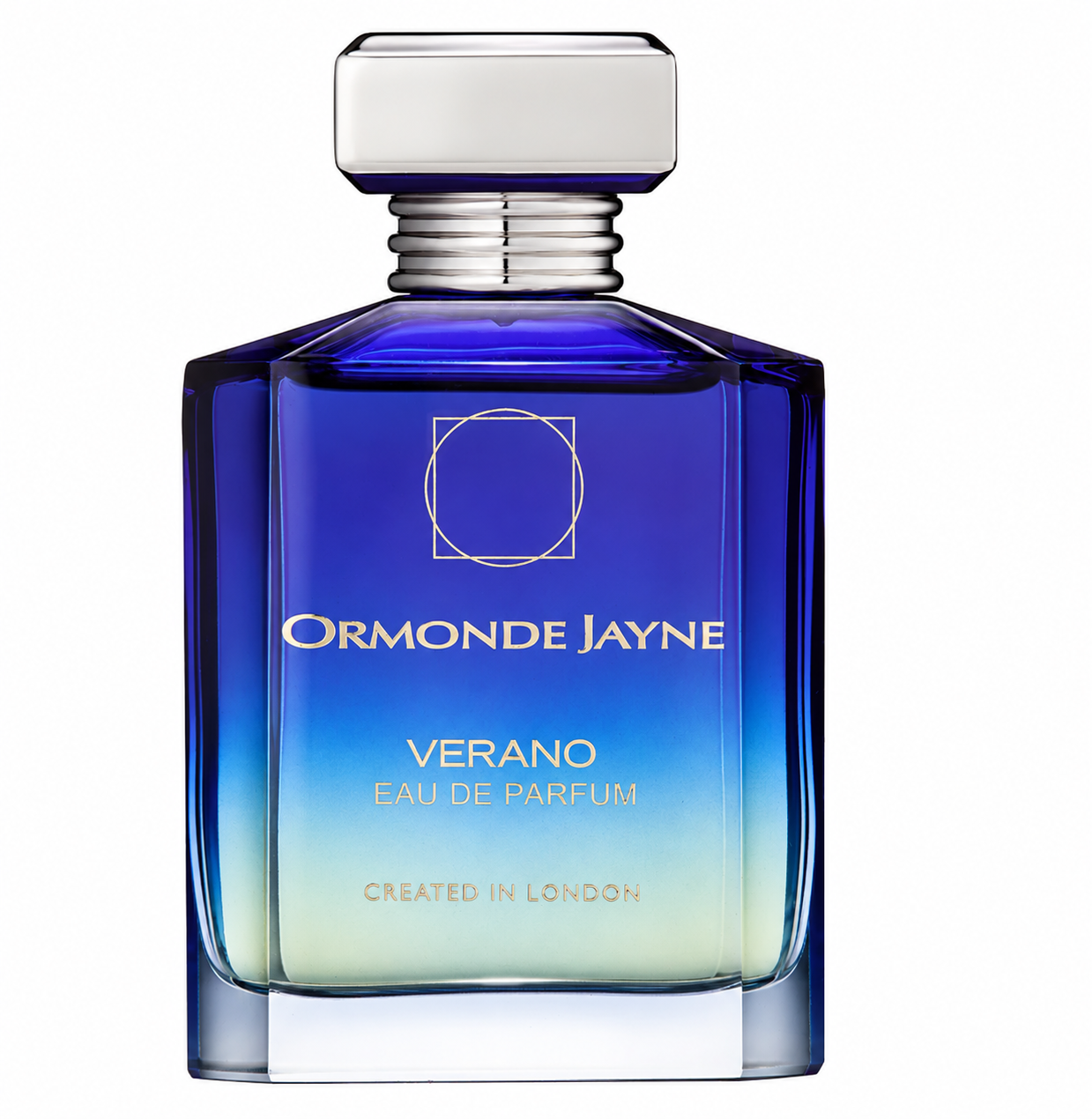Ormonde Jayne Verano Eau de Parfum in an elegant blue gradient glass bottle with a refined frosted cap, polished silver collar, and sophisticated gold lettering, presented on a clean white background. Luxury niche perfume showcased in a high-resolution studio product image.