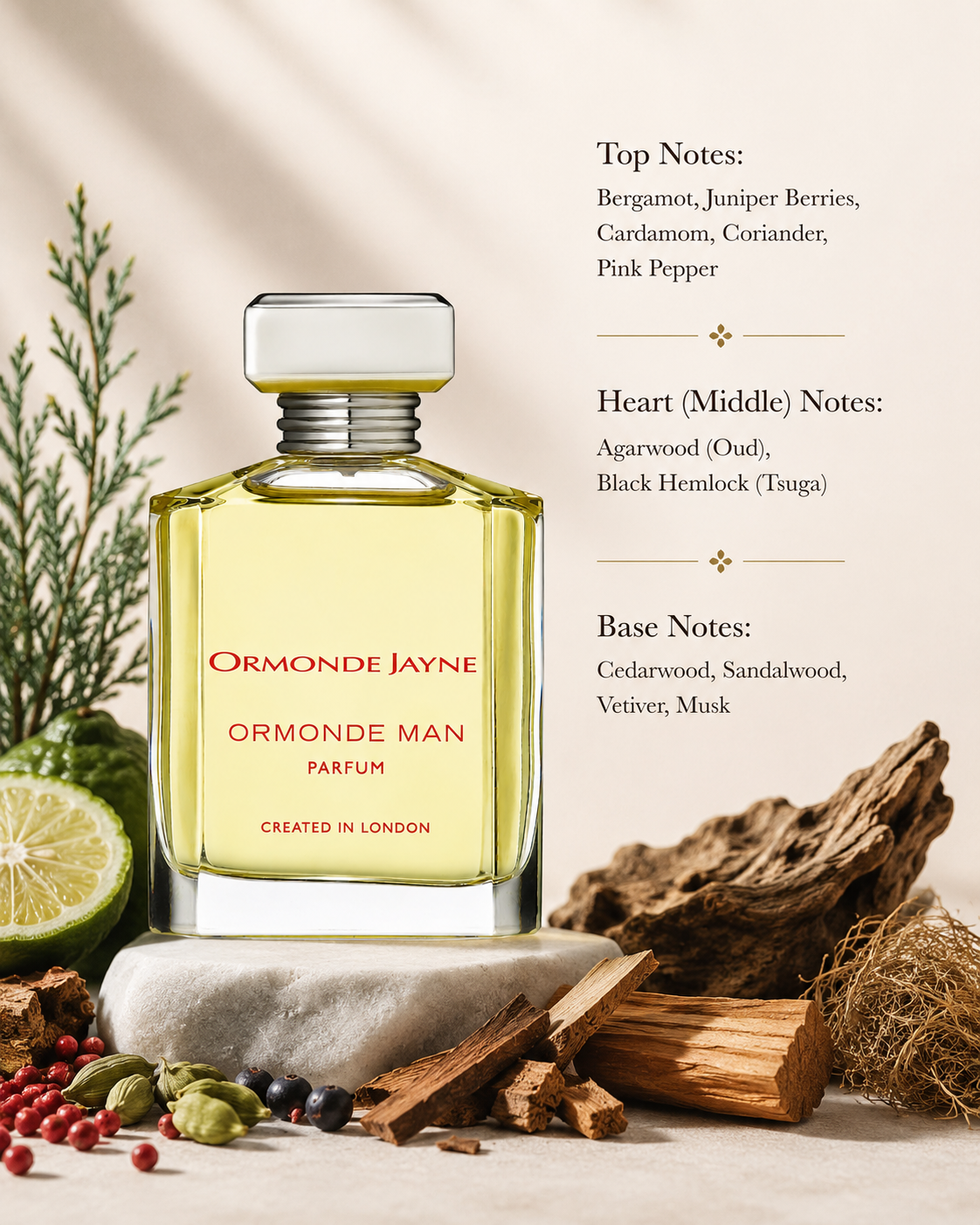 Ormonde Jayne Ormonde Man Parfum showcased in an elegant luxury fragrance composition featuring bergamot, juniper berries, cardamom, coriander, pink pepper, agarwood (oud), black hemlock, cedarwood, sandalwood, vetiver, and musk-inspired elements. The sophisticated clear glass bottle filled with golden fragrance is presented in a refined setting that highlights its fresh citrus, aromatic spicy, woody, and musky character.
