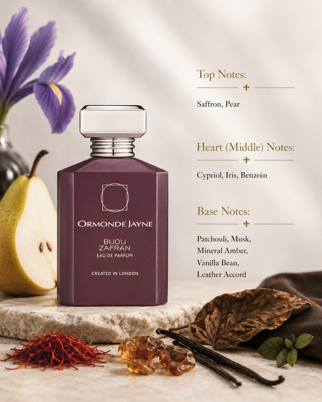 Ormonde Jayne Bijou Zafran Eau de Parfum showcased in an elegant luxury fragrance composition featuring saffron, pear, cypriol, iris, benzoin, patchouli, musk, mineral amber, vanilla bean, and leather accord-inspired elements. The sophisticated matte plum-purple bottle is presented in a refined setting that highlights its spicy, powdery floral, warm amber, leathery, and woody character.