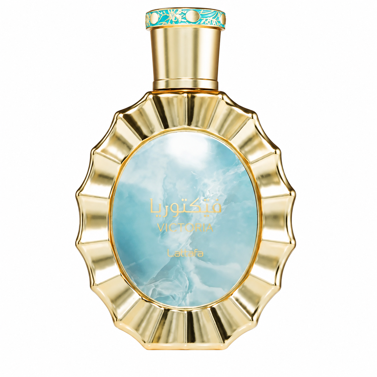 Lattafa Victoria Eau de Parfum in an elegant gold bottle with a radiant sunburst design, a soft blue marbled center panel, and a decorative turquoise-accented cap, presented on a clean white background. Premium feminine fragrance showcased in a high-resolution studio product image.