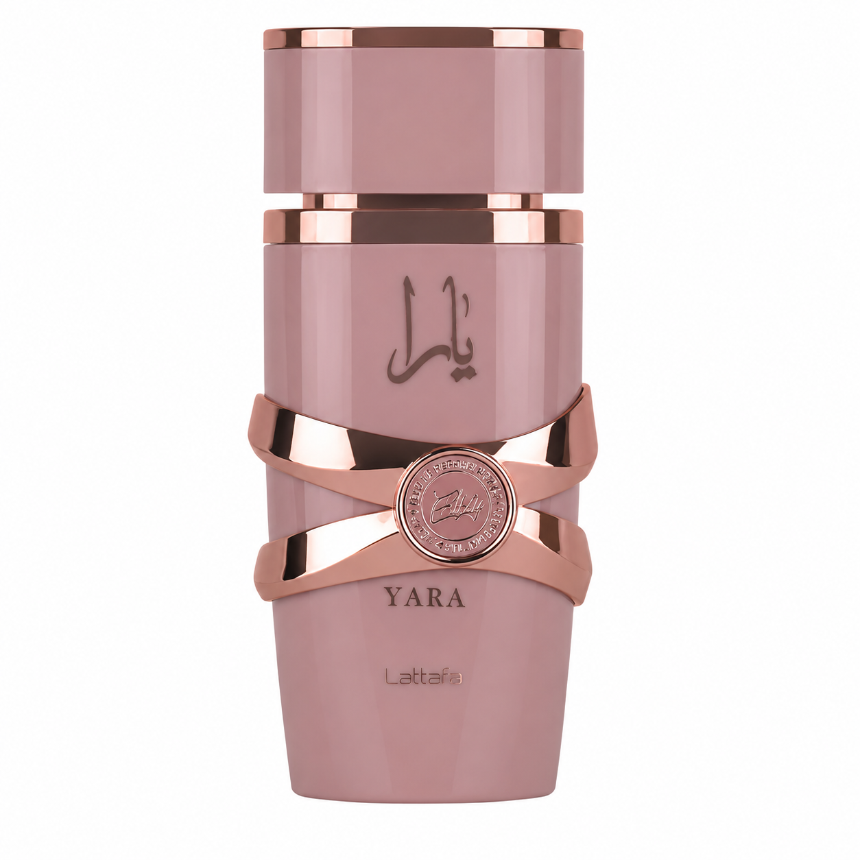 Lattafa Yara Eau de Parfum in a soft blush pink bottle with elegant rose gold accents and signature medallion detailing, presented on a clean white background. A luxurious feminine fragrance showcased in a premium high-resolution studio product image.