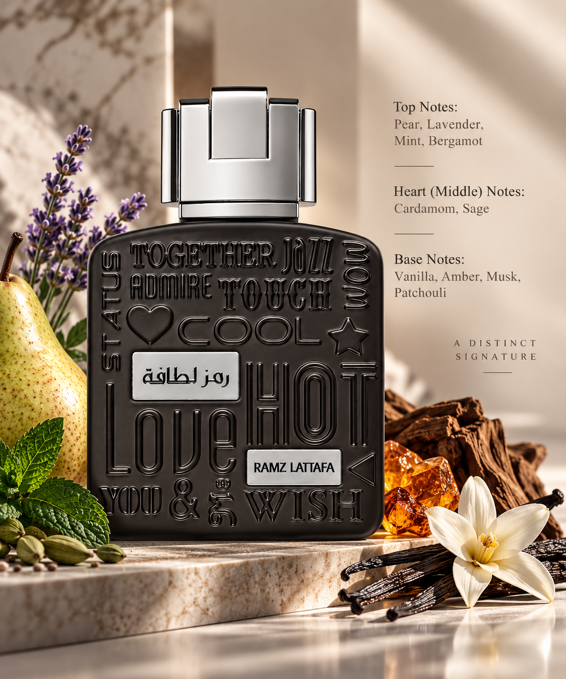 Lattafa Ramz Silver Edition 100ml displayed in an elegant aromatic composition featuring pear, lavender, mint and bergamot, complemented by cardamom and sage, with warm vanilla, amber, musk and patchouli elements creating a rich and refined finish.