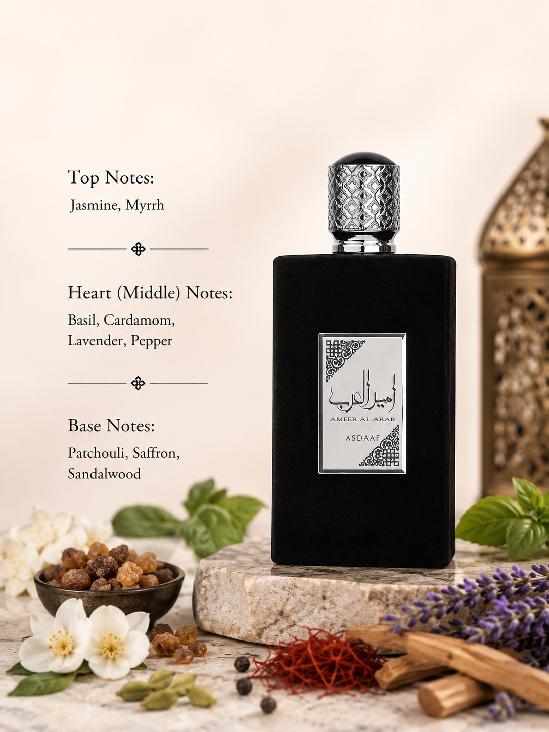 Asdaaf Ameer Al Arab Eau de Parfum showcased in an elegant luxury fragrance composition featuring jasmine, myrrh, basil, cardamom, lavender, pepper, patchouli, saffron, and sandalwood-inspired elements. The sophisticated matte black bottle with an engraved silver cap is presented in a refined setting that highlights its aromatic, spicy, woody, and oriental character.