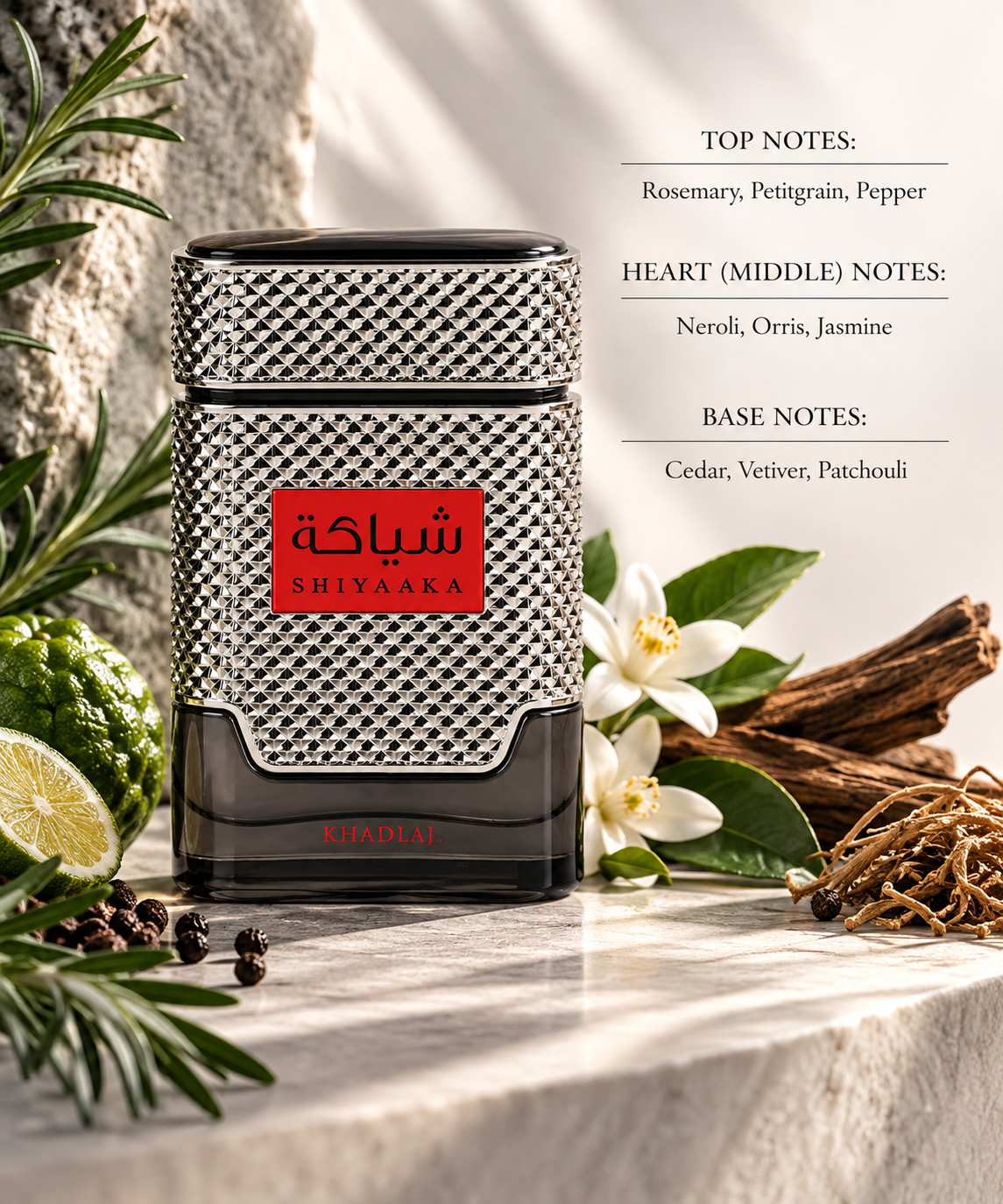 Khadlaj Shiyaaka Men styled in a refined aromatic setting with rosemary, petitgrain and pepper, softened by neroli, orris and jasmine, while cedar, vetiver and patchouli create a deep, woody and confidently masculine finish.