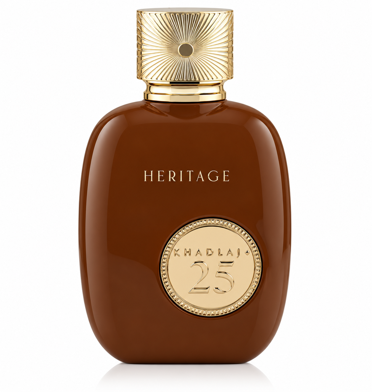 Khadlaj 25 Heritage presented in a rich amber-brown bottle with an ornate gold cap and medallion detailing, creating a warm, luxurious and sophisticated presentation.
