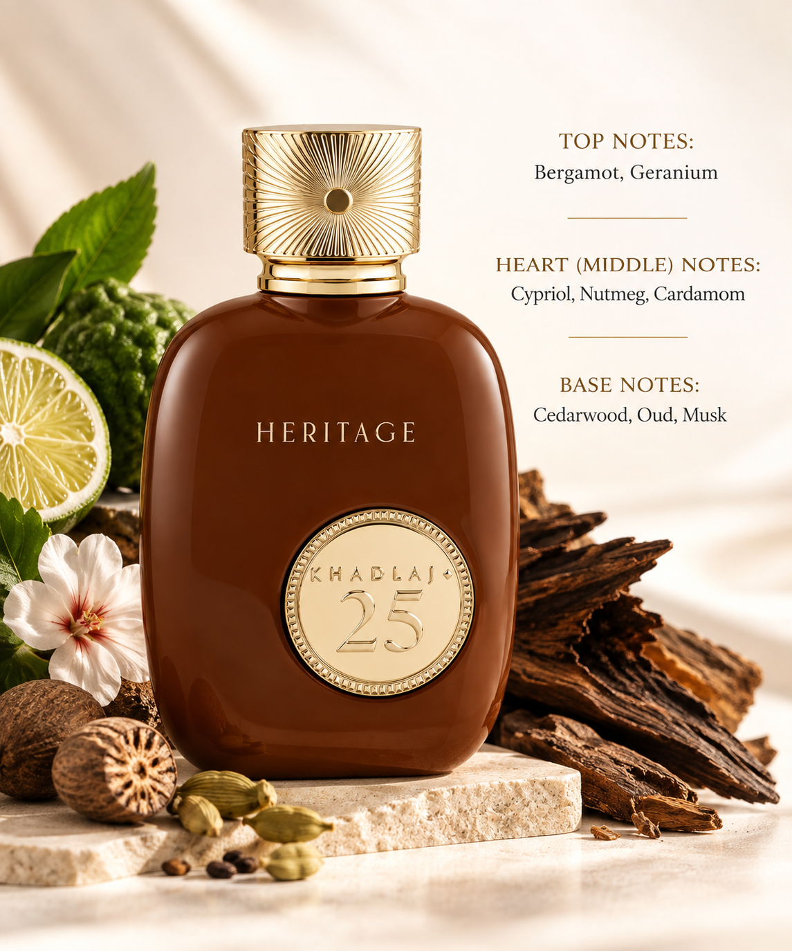 Khadlaj 25 Heritage styled in a refined warm-toned setting with bergamot, geranium, nutmeg, cardamom, oud and cedarwood-inspired elements, highlighting its fresh-spicy, woody and deep aromatic character.