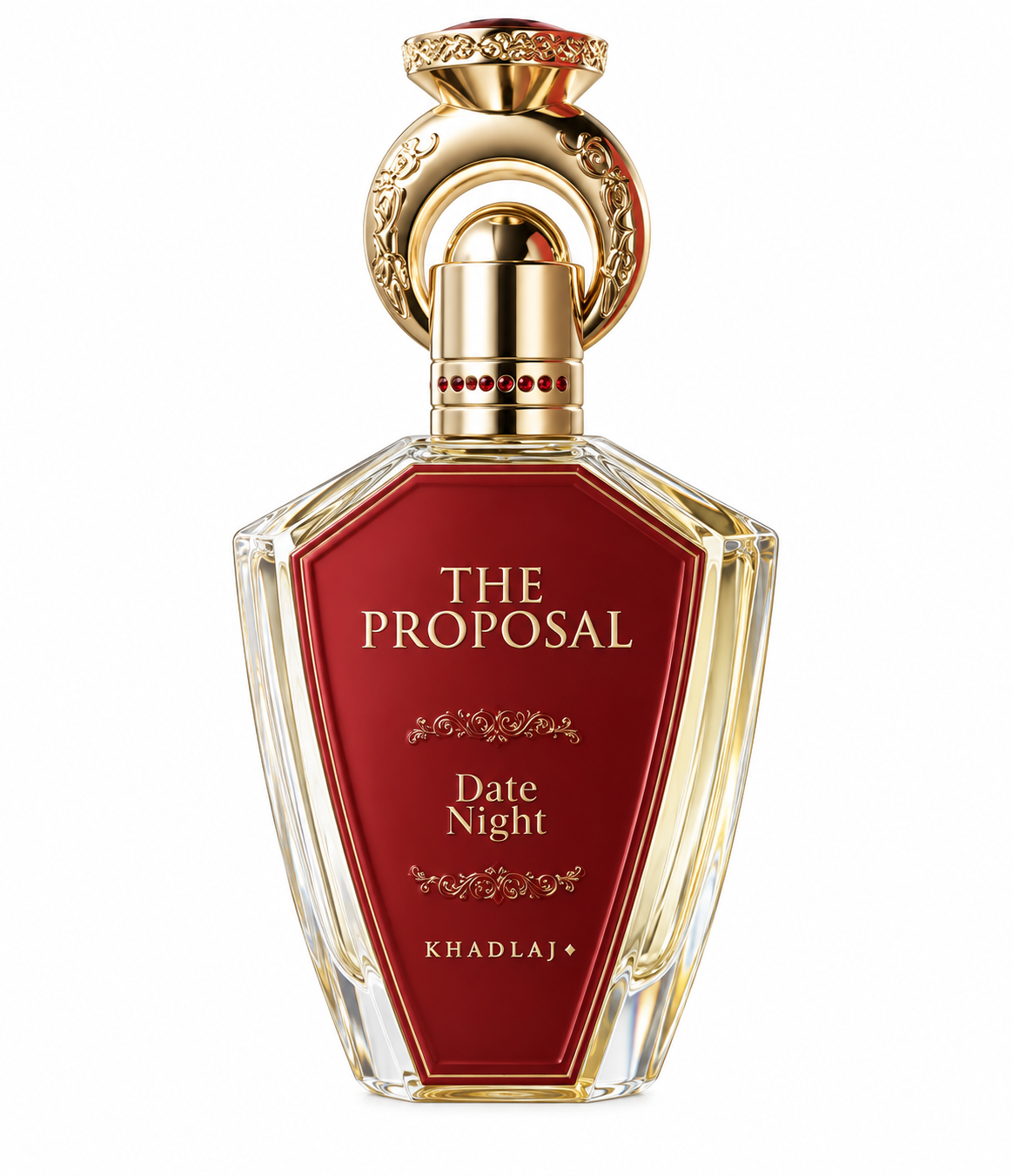 Khadlaj The Proposal Date Night perfume presented in an elegant faceted glass bottle with a deep red centre, luxurious gold detailing, red gemstone accents and an ornate sculptural cap against a clean white background.