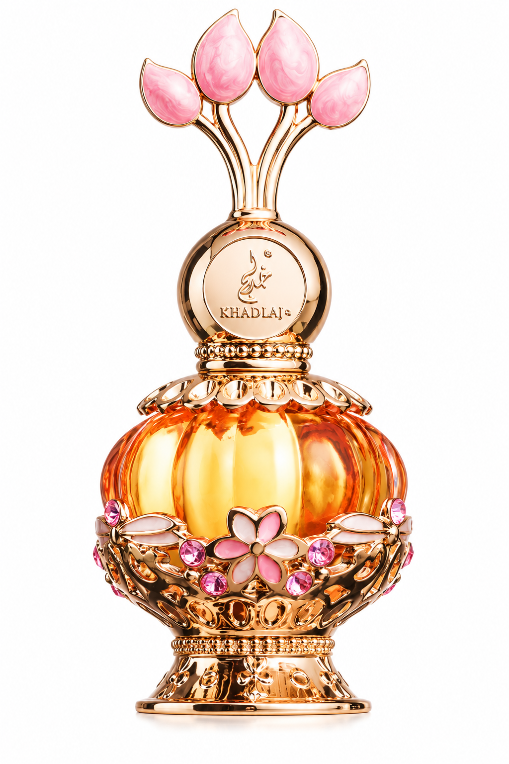Khadlaj Pink Musk perfume presented in an ornate rose-gold and amber-toned bottle, embellished with delicate pink floral details, jewel-like accents and an elegant sculptural cap for a luxurious feminine appearance.