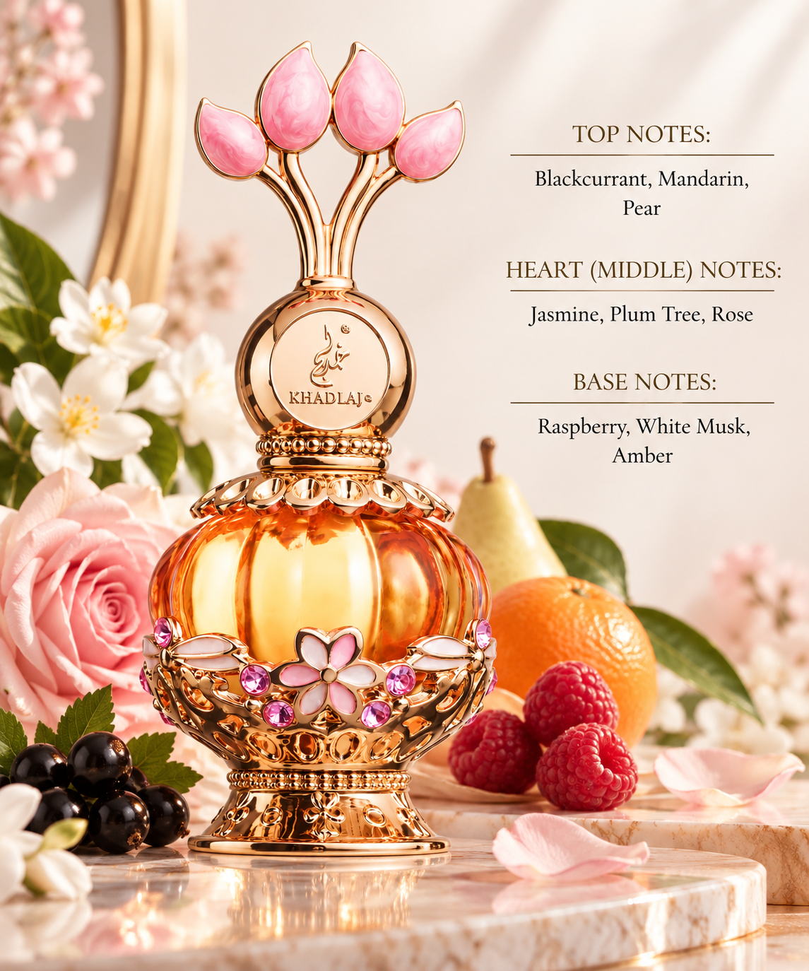 Khadlaj Pink Musk styled in a soft, romantic setting with blackcurrant, mandarin and pear, surrounded by jasmine and roses, with plum, raspberry, white musk and warm amber accents reflecting its fruity, floral and musky character.