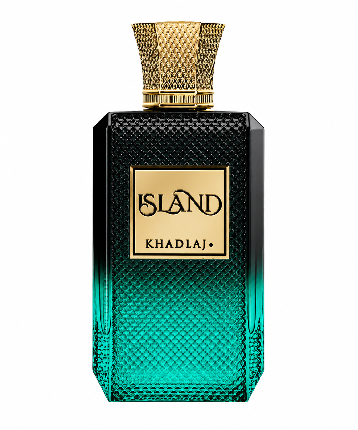hadlaj Island presented in a striking textured glass bottle with a deep black-to-turquoise gradient, finished with an ornate gold cap and elegant gold front plaque for a luxurious tropical-inspired appearance.