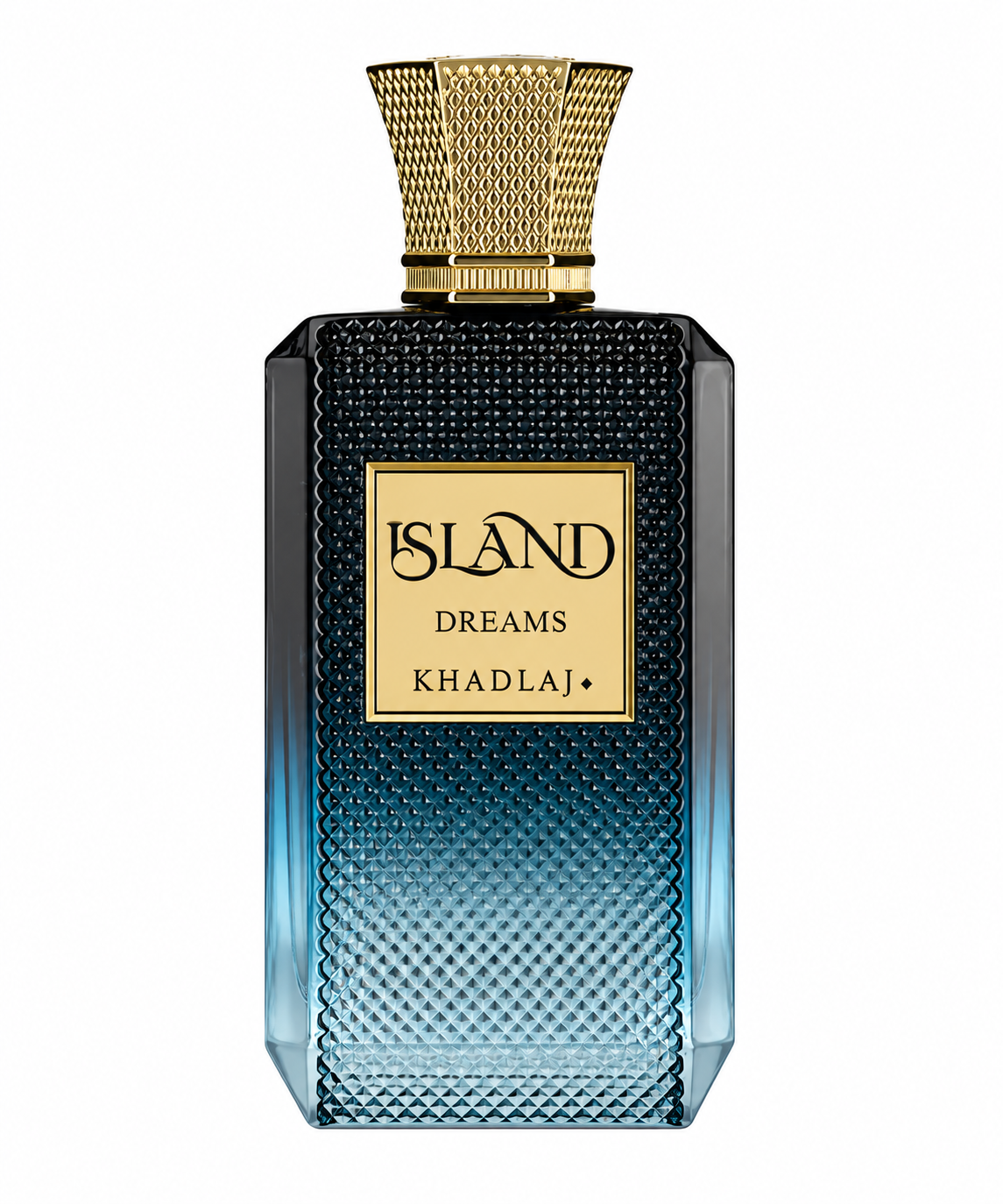 Khadlaj Island Dreams perfume bottle featuring a sophisticated dark navy-to-icy-blue gradient, intricate textured glass, an ornate gold cap and a polished gold label, photographed cleanly against a pure white background.