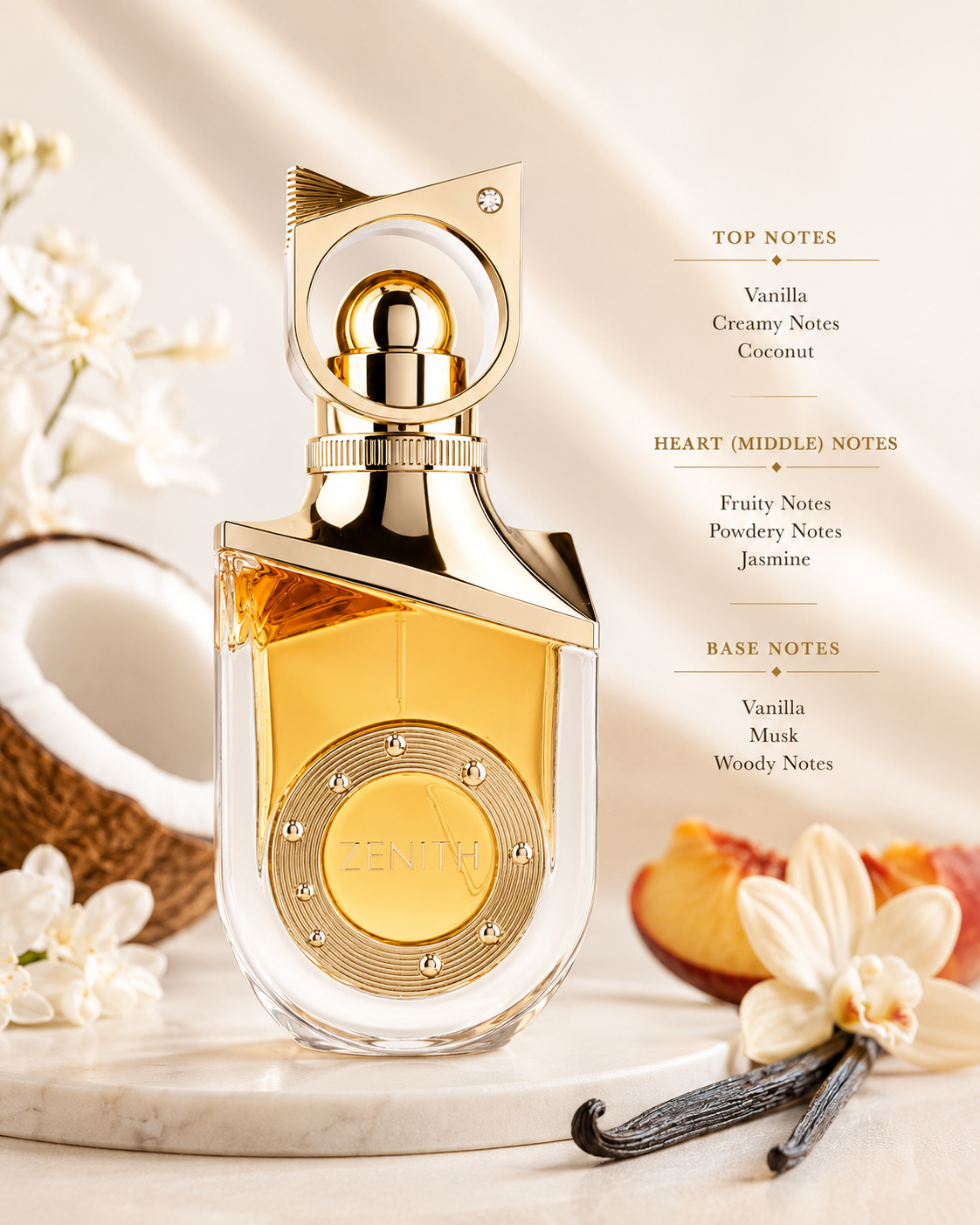Zenith Eau de Parfum displayed on a marble surface in a luxurious setting surrounded by vanilla pods, coconut, white flowers, and fresh fruit, highlighting its fragrance composition. This elegant perfume opens with creamy vanilla and coconut, develops into fruity, powdery, and jasmine heart notes, and finishes with a warm base of vanilla, musk, and woody accords for a long-lasting, sophisticated fragrance experience.