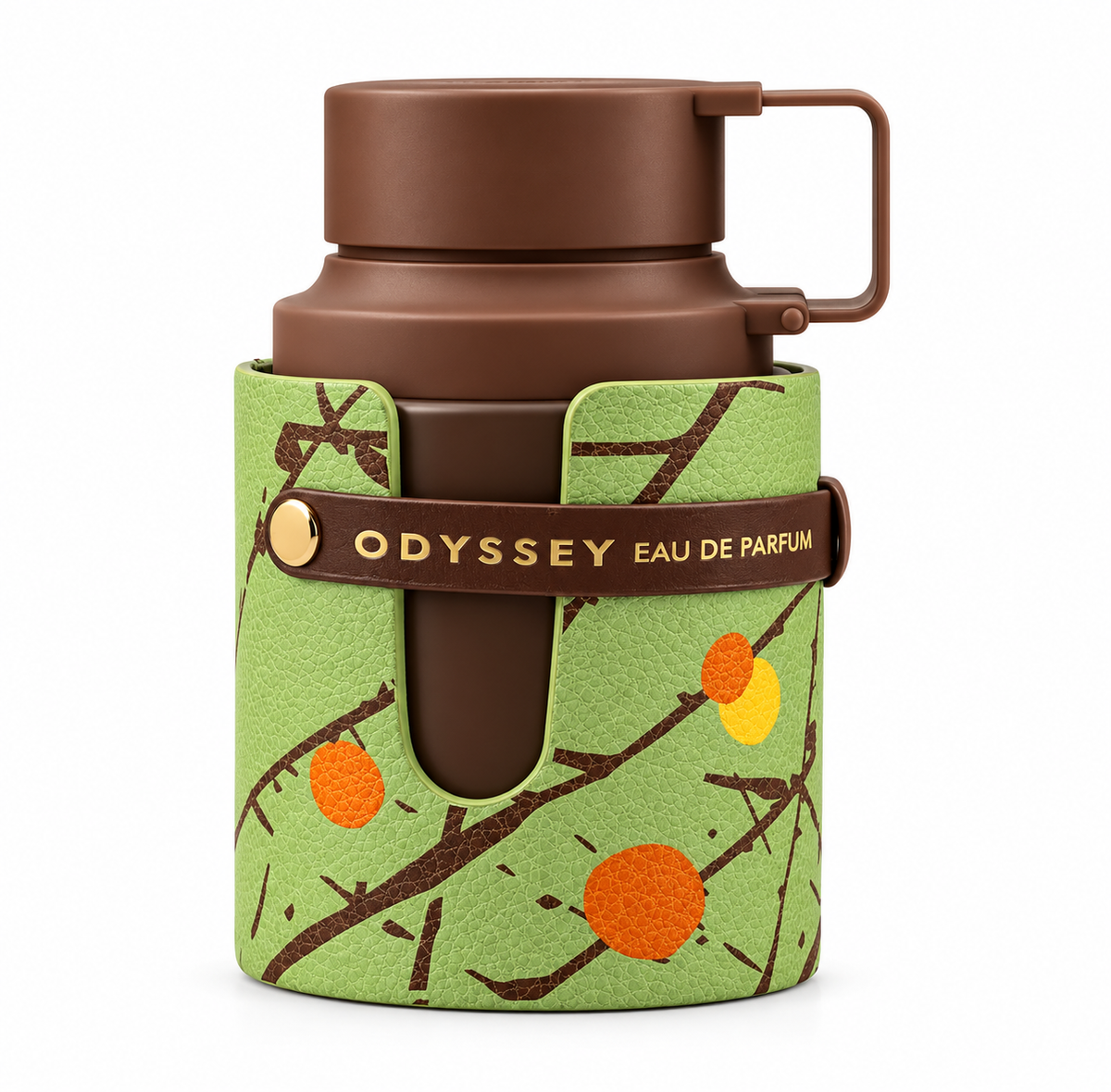 Armaf Odyssey Dubai Chocolate Eau de Parfum in a distinctive brown bottle with a textured green sleeve, decorative orange accents and gold lettering. The unique gourmand perfume bottle features a handle-inspired cap design, photographed against a pure white background.