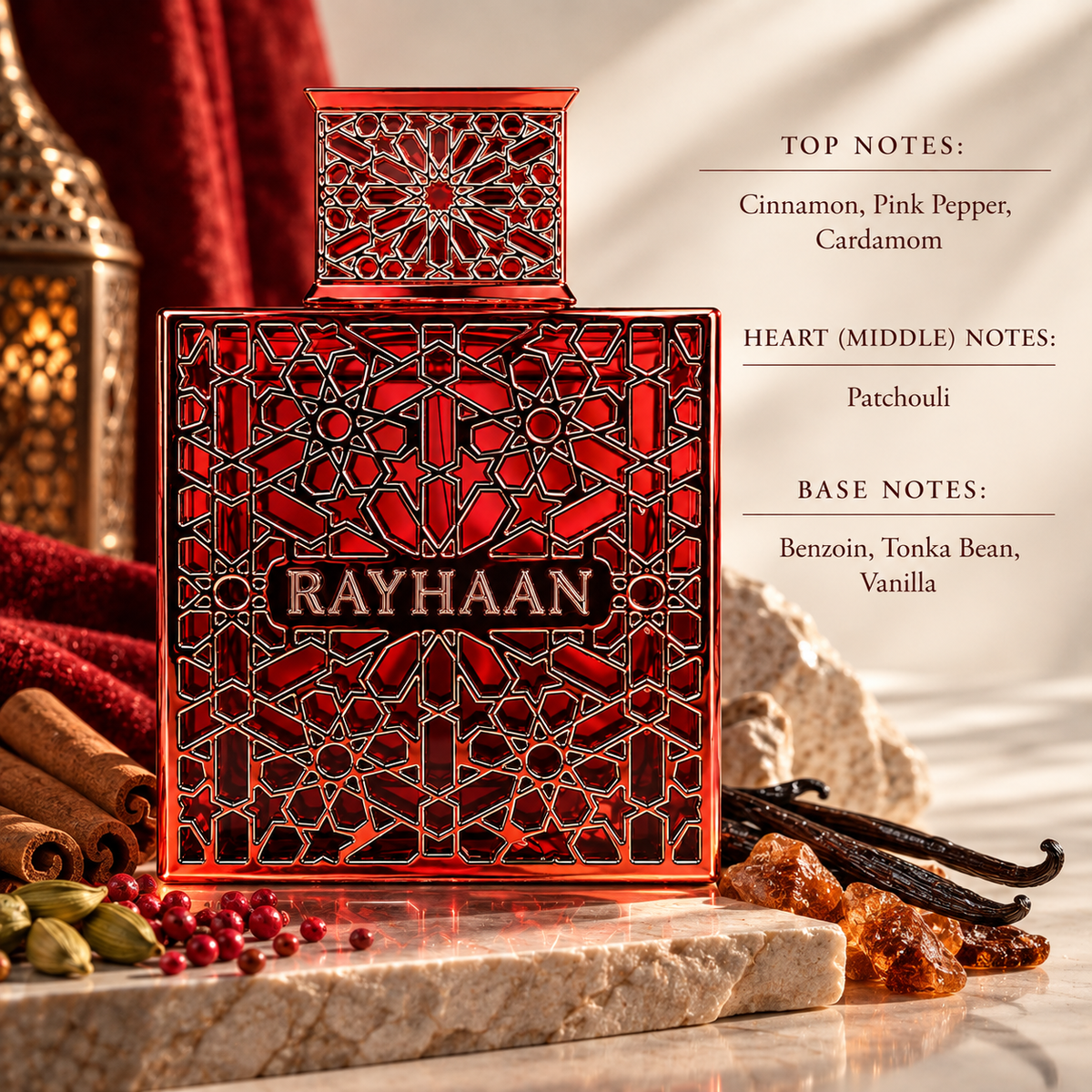 Rayhaan Crimson styled in a warm, luxurious setting inspired by its spicy gourmand character, featuring cinnamon, pink pepper and cardamom, earthy patchouli, and a rich base of benzoin, tonka bean and vanilla.