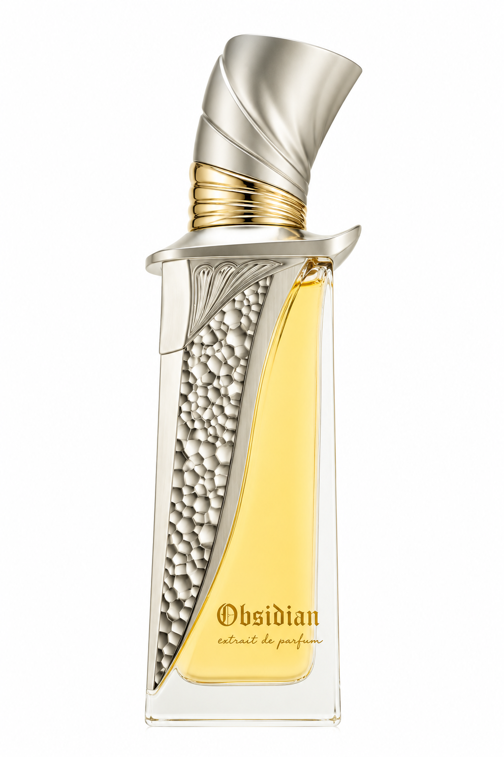 Obsidian Extrait de Parfum, luxury fragrance in an elegant sculptural bottle featuring golden perfume, intricate silver textured detailing and a distinctive twisted metallic cap with gold accents. Sophisticated premium perfume photographed against a pure white background, highlighting its artistic design and luxurious presentation.