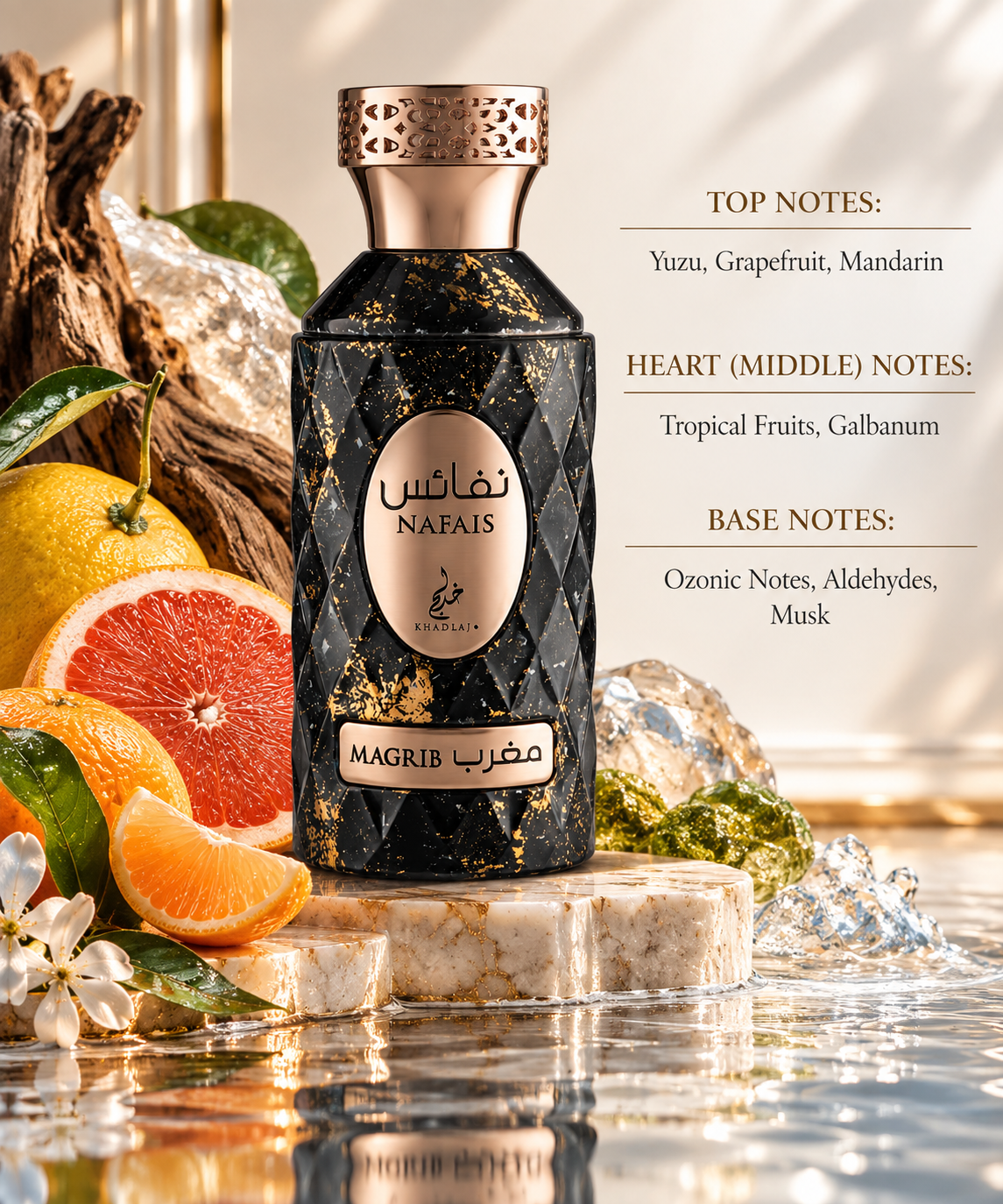 Khadlaj Nafais Magrib styled in a fresh, luxurious setting with yuzu, grapefruit and mandarin alongside tropical fruits and green galbanum, surrounded by crystalline water and mineral-inspired accents that evoke its airy ozonic, aldehydic and musky base.