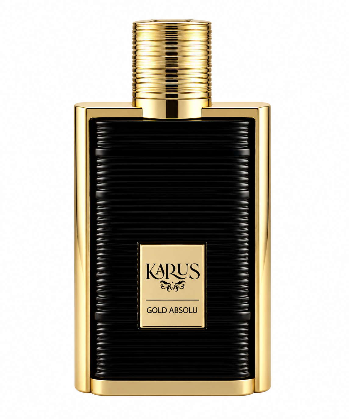 Khadlaj Karus Gold Absolu presented in a sleek black ribbed bottle framed with polished gold detailing, featuring a refined gold plaque and matching cylindrical cap for a rich, luxurious appearance.