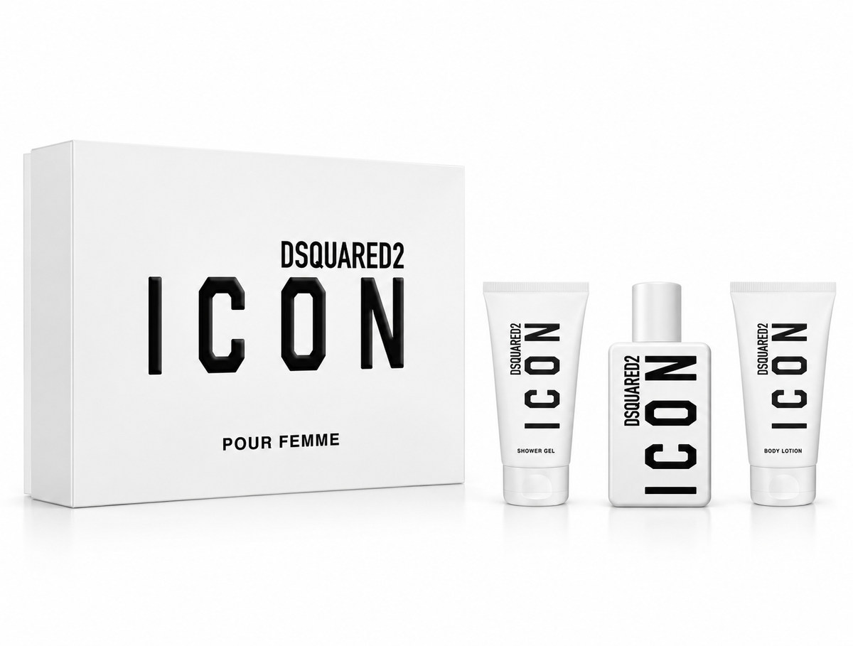 DSQUARED2 Icon Pour Femme women's fragrance gift set featuring a white perfume bottle, matching shower gel and body lotion, presented alongside the elegant white ICON gift box. A stylish feminine perfume and body care collection with a modern, minimalist design, ideal for gifting.