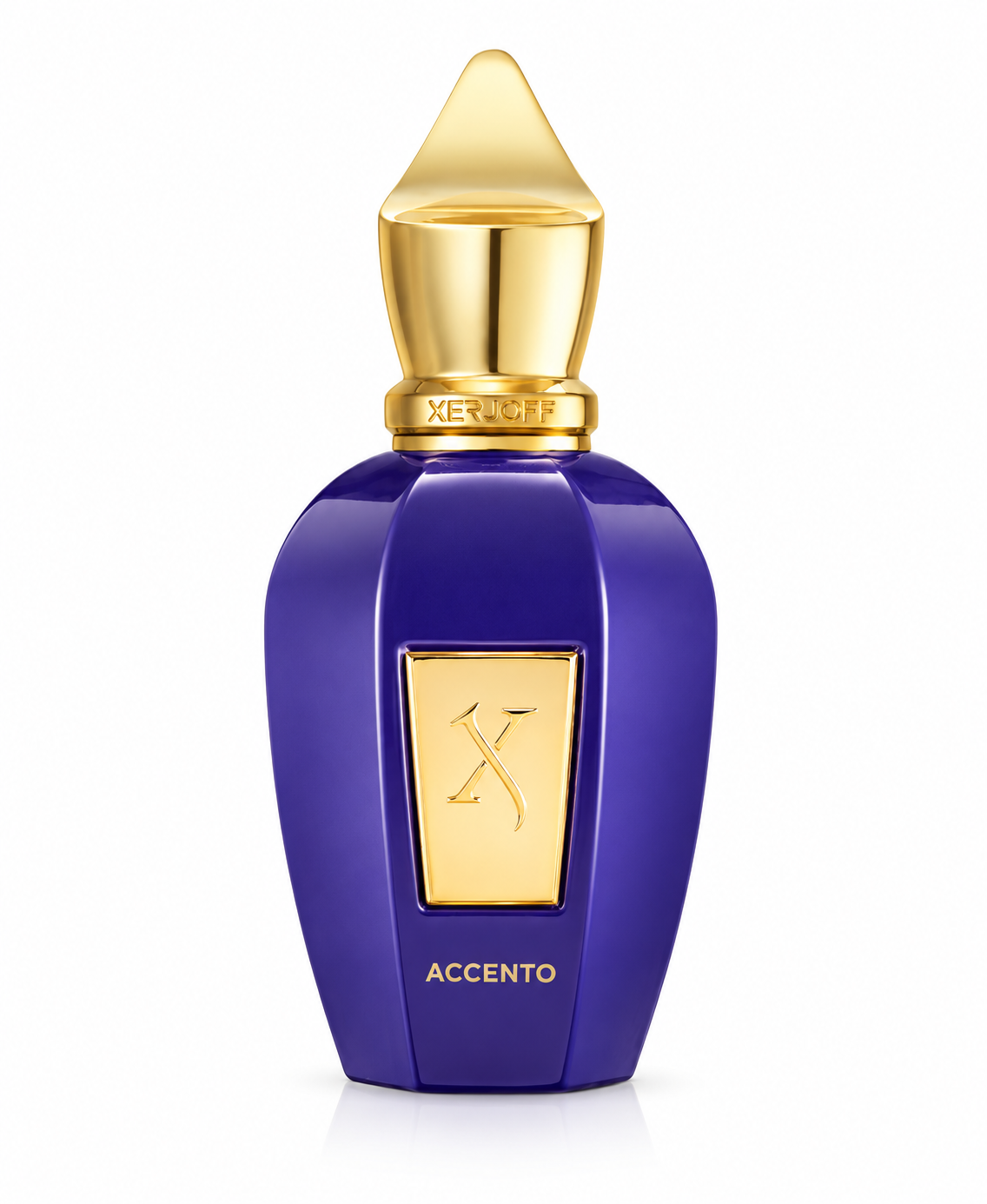 Xerjoff Accento 50ml Eau de Parfum Unisex presented in its distinctive deep violet bottle with luxurious polished gold detailing, sculptural gold cap, signature Xerjoff emblem and Accento branding, photographed against a clean pure white background.