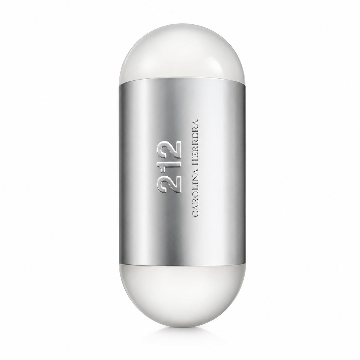 Carolina Herrera 212 NYC Women 60ml EDT elegantly showcased on a pure white background, highlighting the iconic capsule-shaped bottle with its sleek matte silver finish, reflecting the fragrance's modern, sophisticated and timeless feminine character.