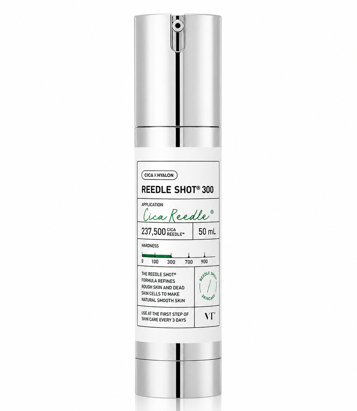 VT Cosmetics Reedle Shot 300 50ml advanced Korean skincare treatment on a pure white background, featuring Cica Reedle™ micro-spicule technology with Centella Asiatica and hyaluronic acid to exfoliate dead skin cells, refine uneven texture, visibly minimize pores, enhance absorption of skincare products and reveal smoother, firmer and more radiant-looking skin.