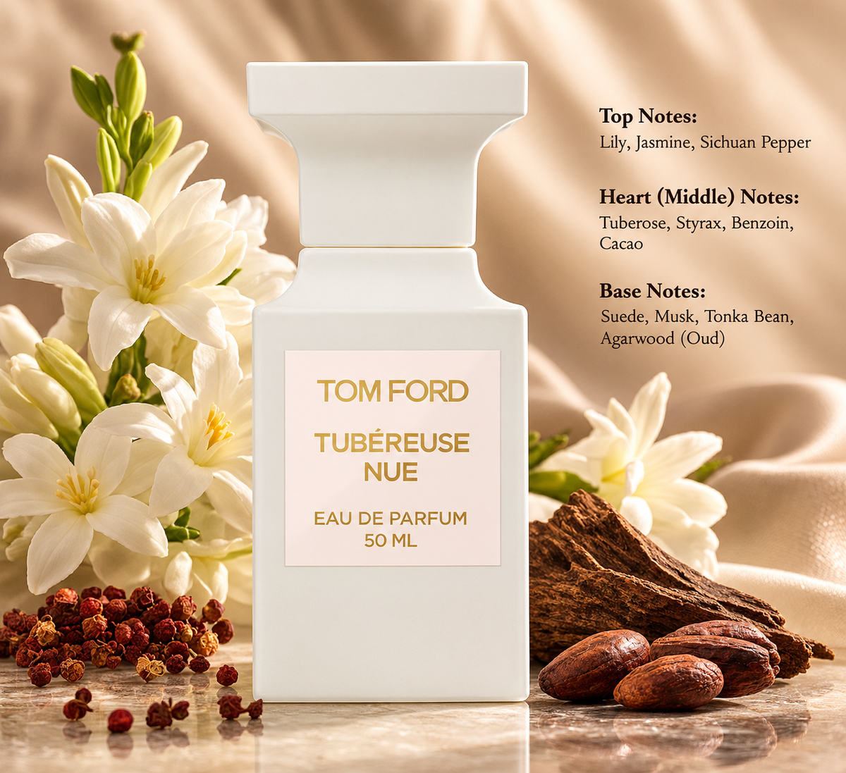 Tom Ford Tubéreuse Nue Eau de Parfum 50ml in an elegant ivory white bottle with gold lettering, surrounded by white lilies, tuberose flowers, Sichuan peppercorns, cacao beans and natural woods. A luxurious unisex white floral fragrance featuring jasmine, tuberose, benzoin, suede, musk, tonka bean and oud, presented in a warm, refined setting.