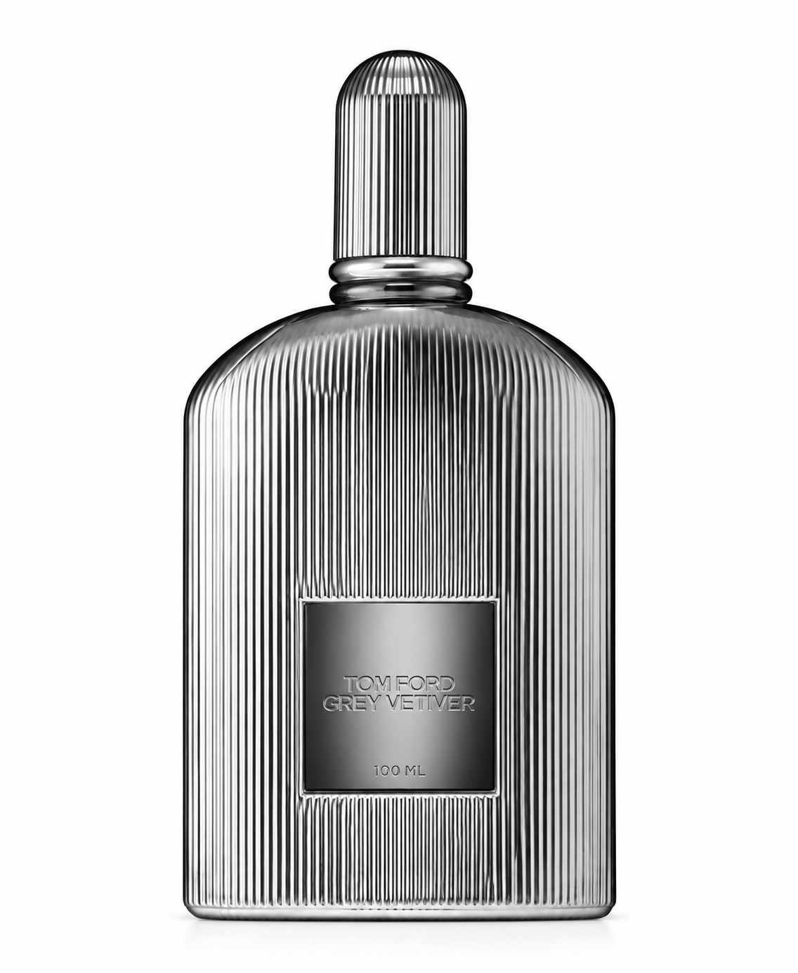 Tom Ford Grey Vetiver Parfum 100ml in its distinctive polished silver fluted bottle with matching ribbed cap and dark metallic front plaque, photographed against a clean pure white background.