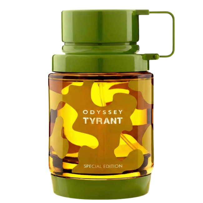 Armaf Odyssey Tyrant Special Edition in a transparent glass bottle with amber liquid, featuring a green camouflage pattern overlay and a solid olive green cap with a tactical loop handle.